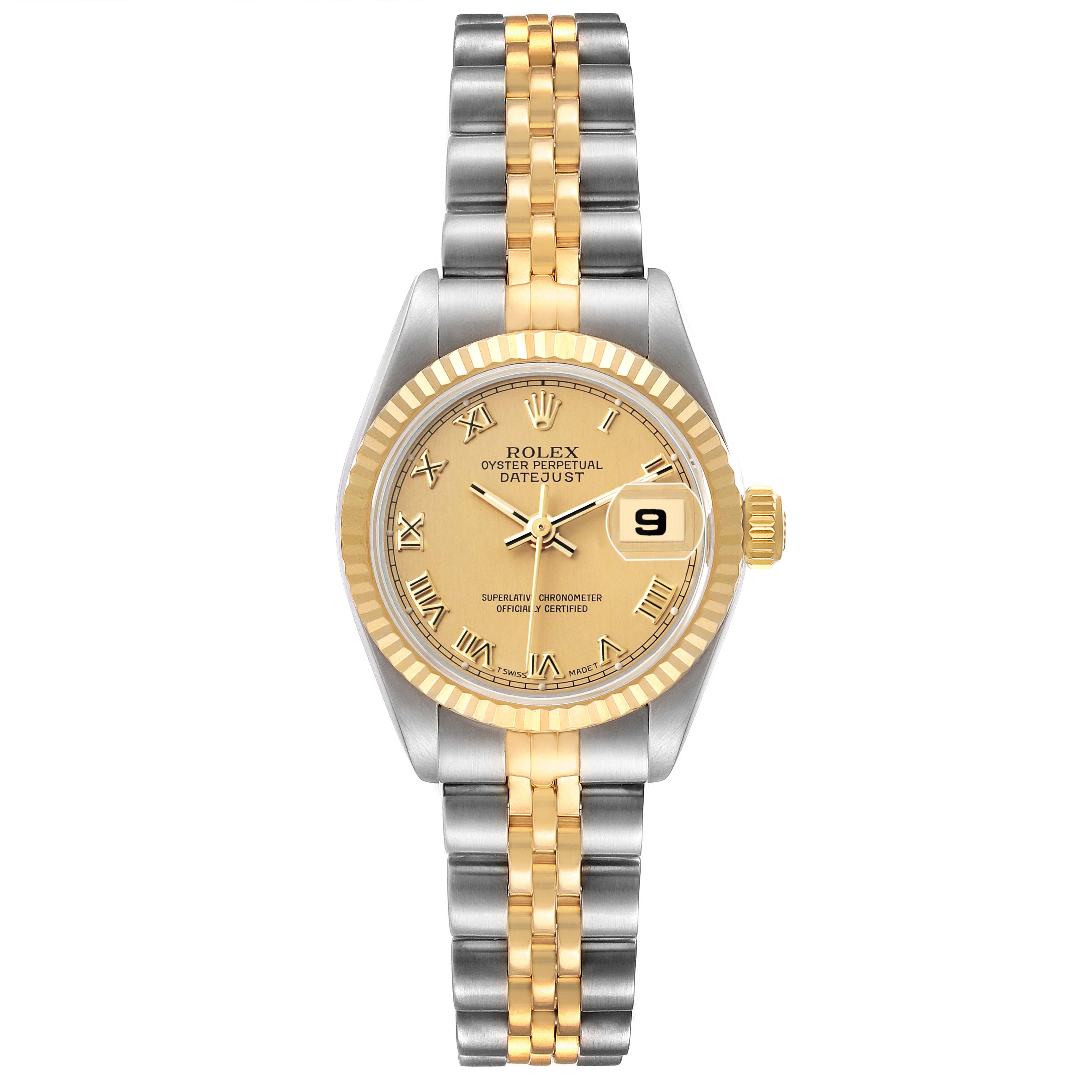 The Rolex Datejust 69173 Women's Steel and Gold (two tone) Champagne Dial watch is shown from the front, displaying its face, two-tone bracelet, and fluted bezel.