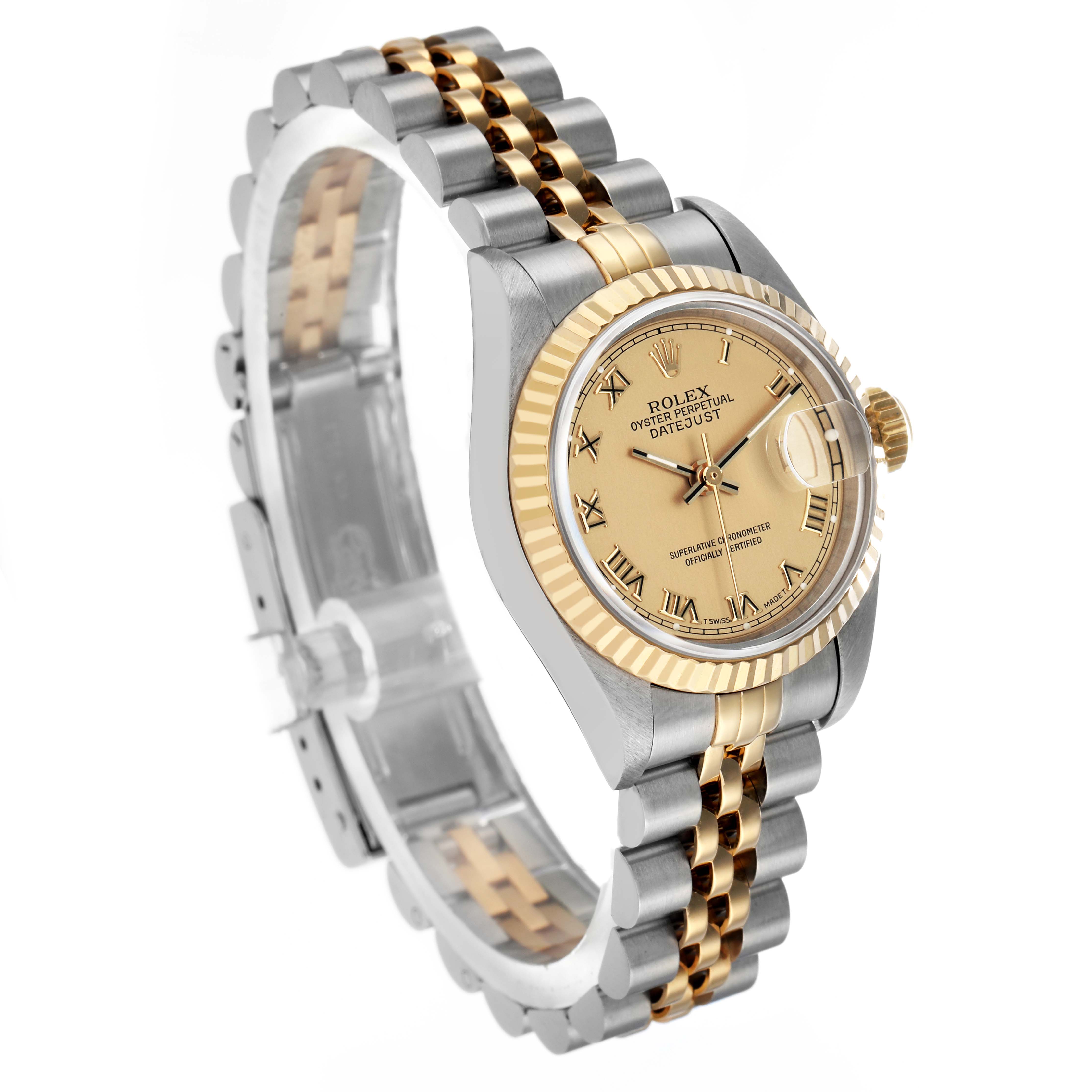 The Rolex Datejust 69173 Women's Steel and Gold (two tone) Champagne Dial watch is shown at a three-quarter angle, highlighting the face, bezel, crown, and bracelet.