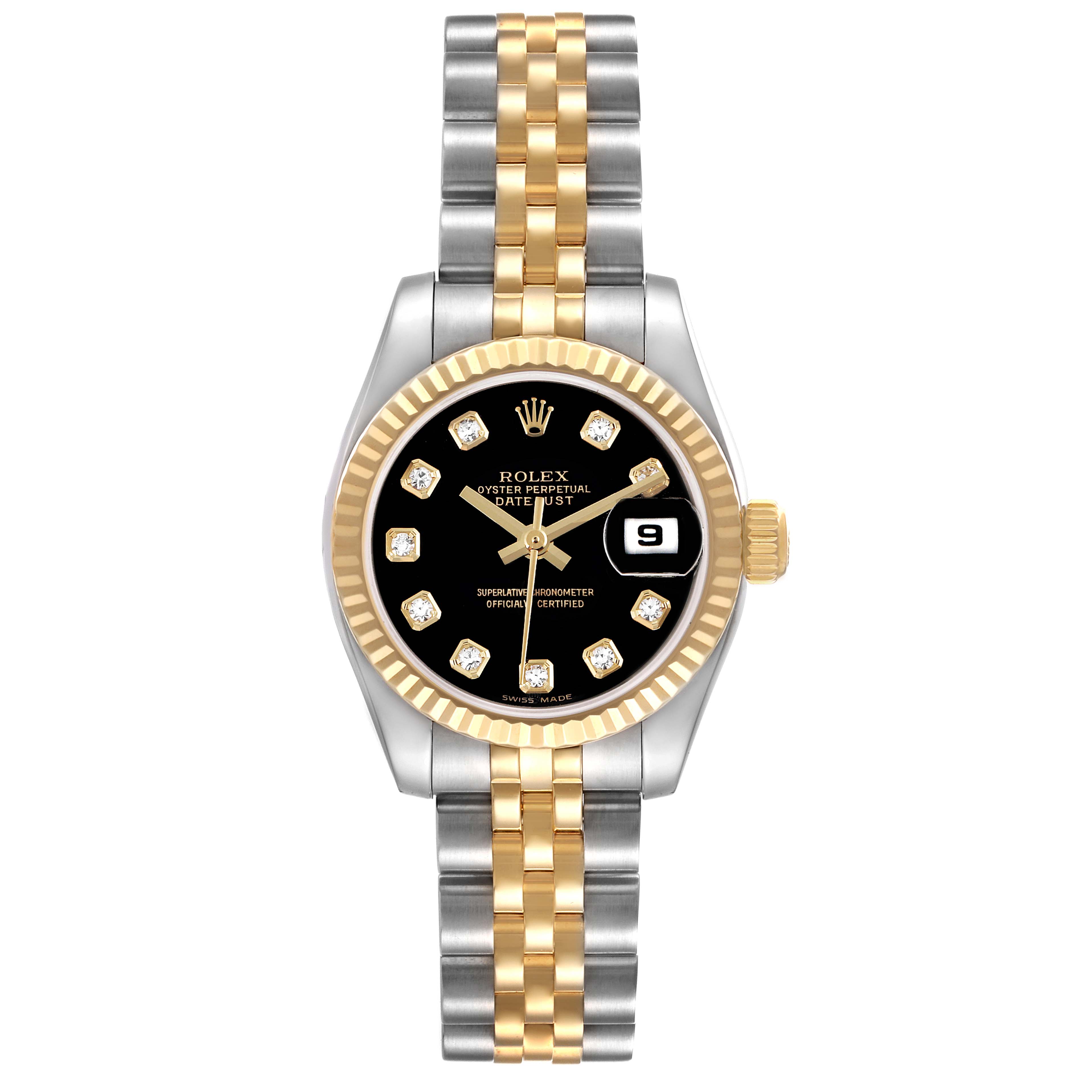 The Rolex Datejust 179173 Women's Steel and Gold (two tone) Black Dial watch is shown from a top-down angle, highlighting the black dial, gold bezel, and two-tone bracelet.