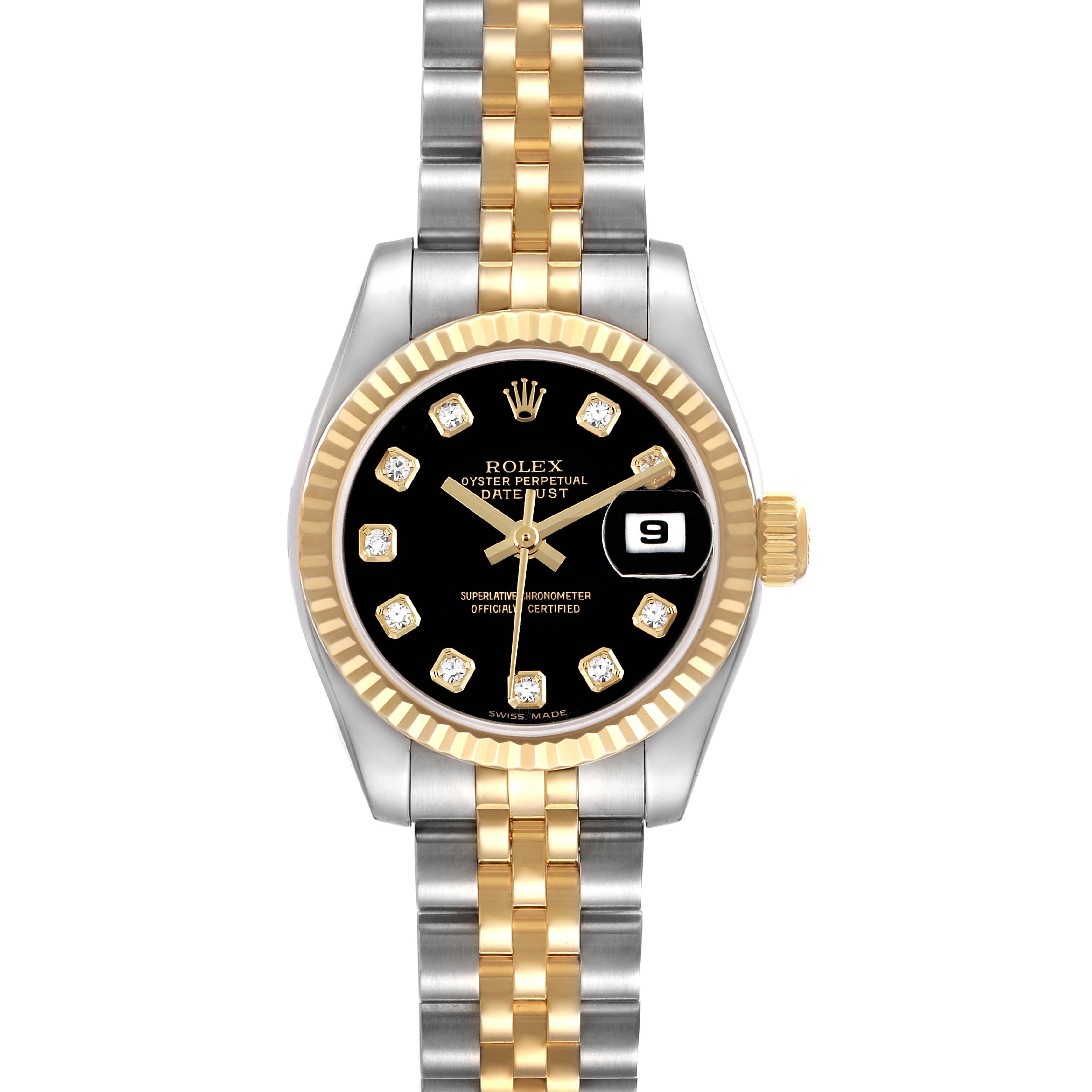 This Rolex Datejust 179173 Women's Steel and Gold (two tone) Black Dial is shown from the front, displaying the dial, bezel, crown, and two-tone bracelet.