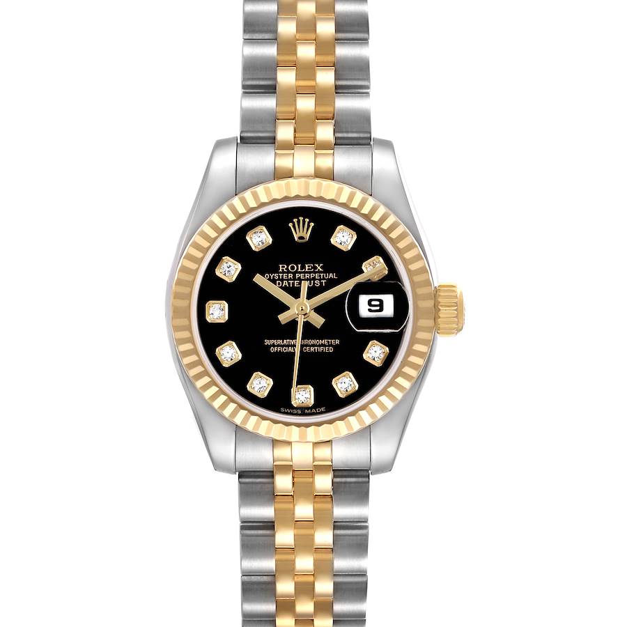 This Rolex Datejust 179173 Women's Steel and Gold (two tone) Black Dial is shown from the front, displaying the dial, bezel, crown, and two-tone bracelet.