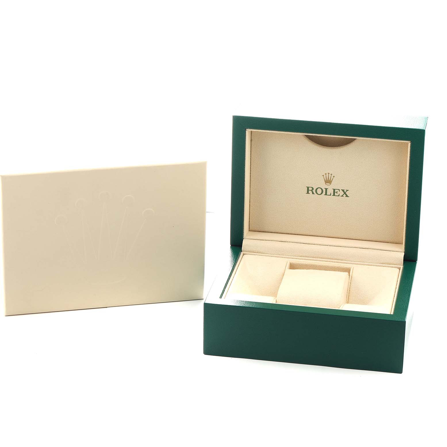 The image shows a Rolex Datejust 179173 Women's Steel and Gold (two tone) Black Dial watch box open, revealing the interior with a cushion for the watch, and an outer packaging box.