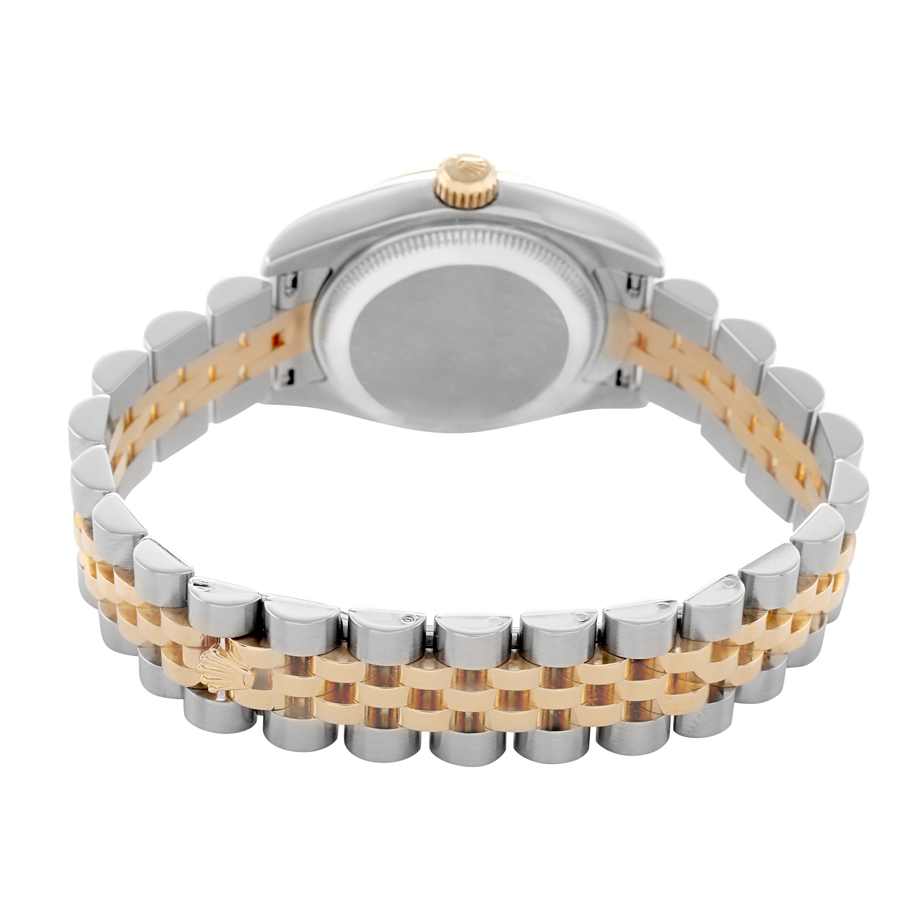 The image shows the back and bracelet of a Rolex Datejust 179173 Women's Steel and Gold (two tone) Black Dial watch, featuring a two-tone metal design.