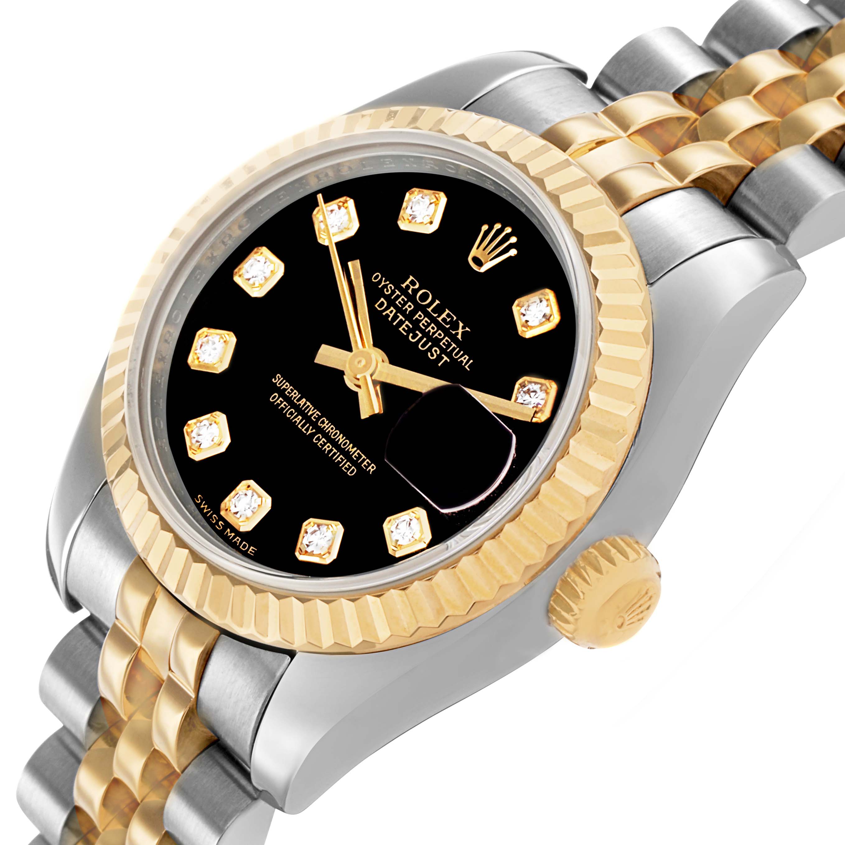 The Rolex Datejust 179173 Women's Steel and Gold (two tone) Black Dial watch is shown at an angle highlighting the bezel, crown, and bracelet.