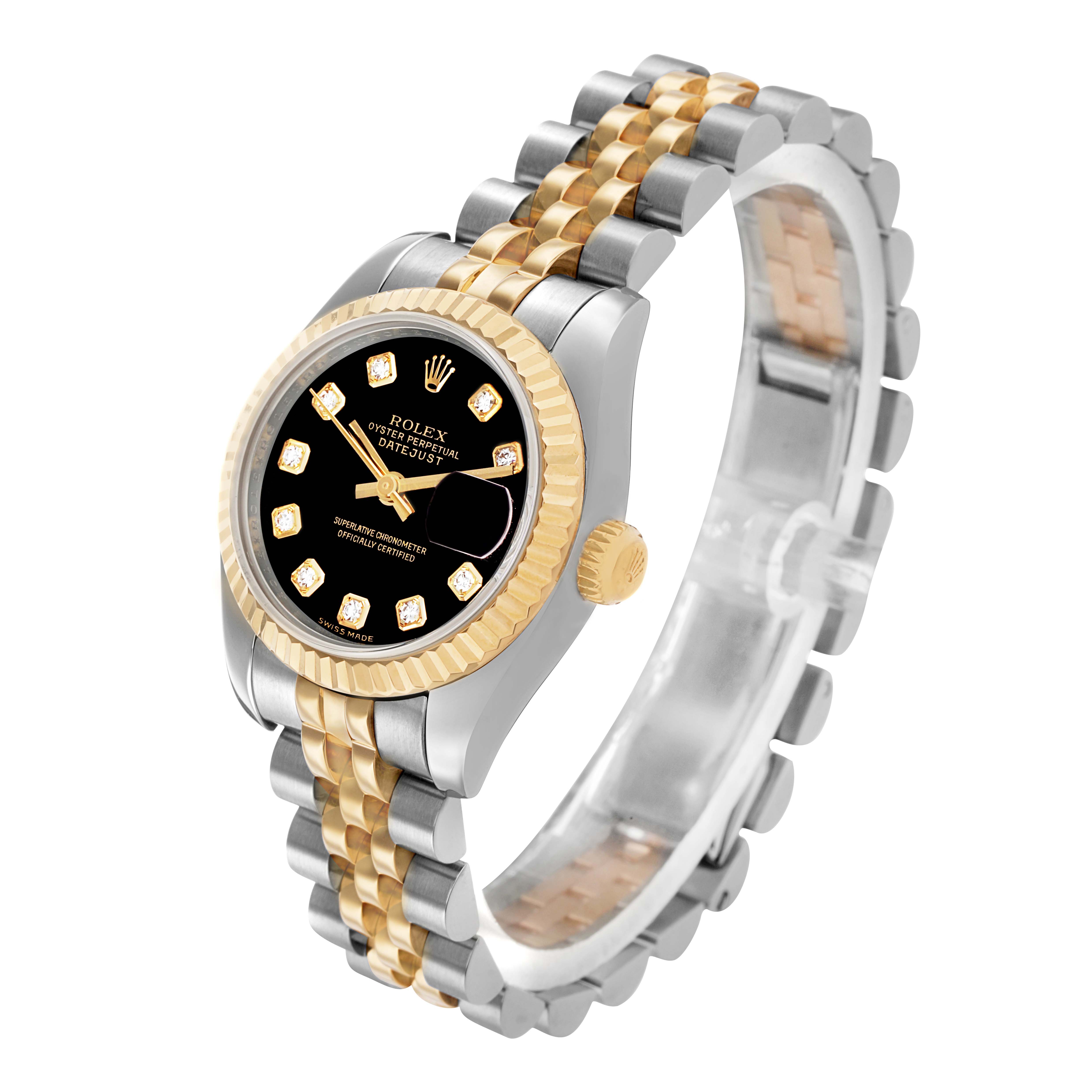 The Rolex Datejust 179173 Women's Steel and Gold (two tone) Black Dial watch is shown from an angled perspective, highlighting its gold and silver oyster bracelet and black dial.