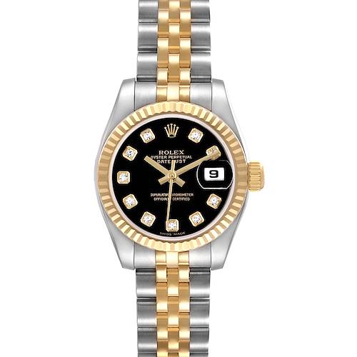 The Rolex Datejust 179173 Women's Steel and Gold (two tone) Black Dial watch is shown from a front angle, displaying the black dial, diamond hour markers, fluted bezel, and two-tone bracelet.