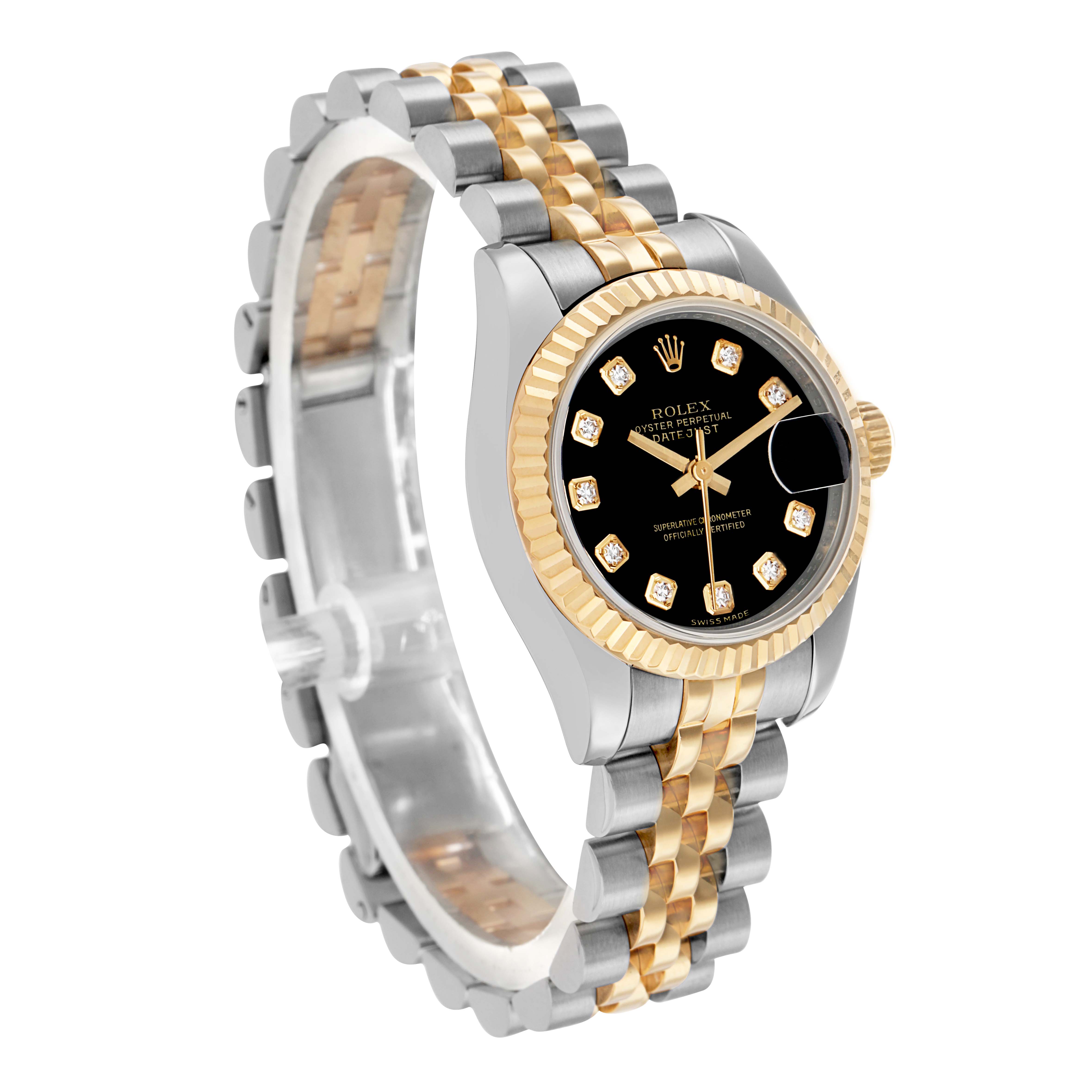 The Rolex Datejust 179173 Women's Steel and Gold (two tone) Black Dial watch is shown at a three-quarter angle, displaying the dial, bezel, and bracelet.