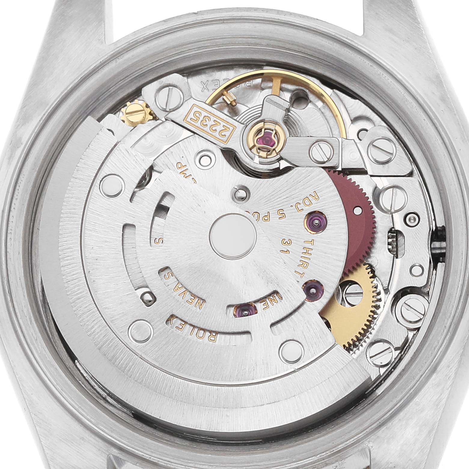 The image shows the movement of a Rolex Datejust 79173 Women's Steel and Gold (two tone) Black Dial watch from a top-down angle, highlighting the rotor and intricate components.