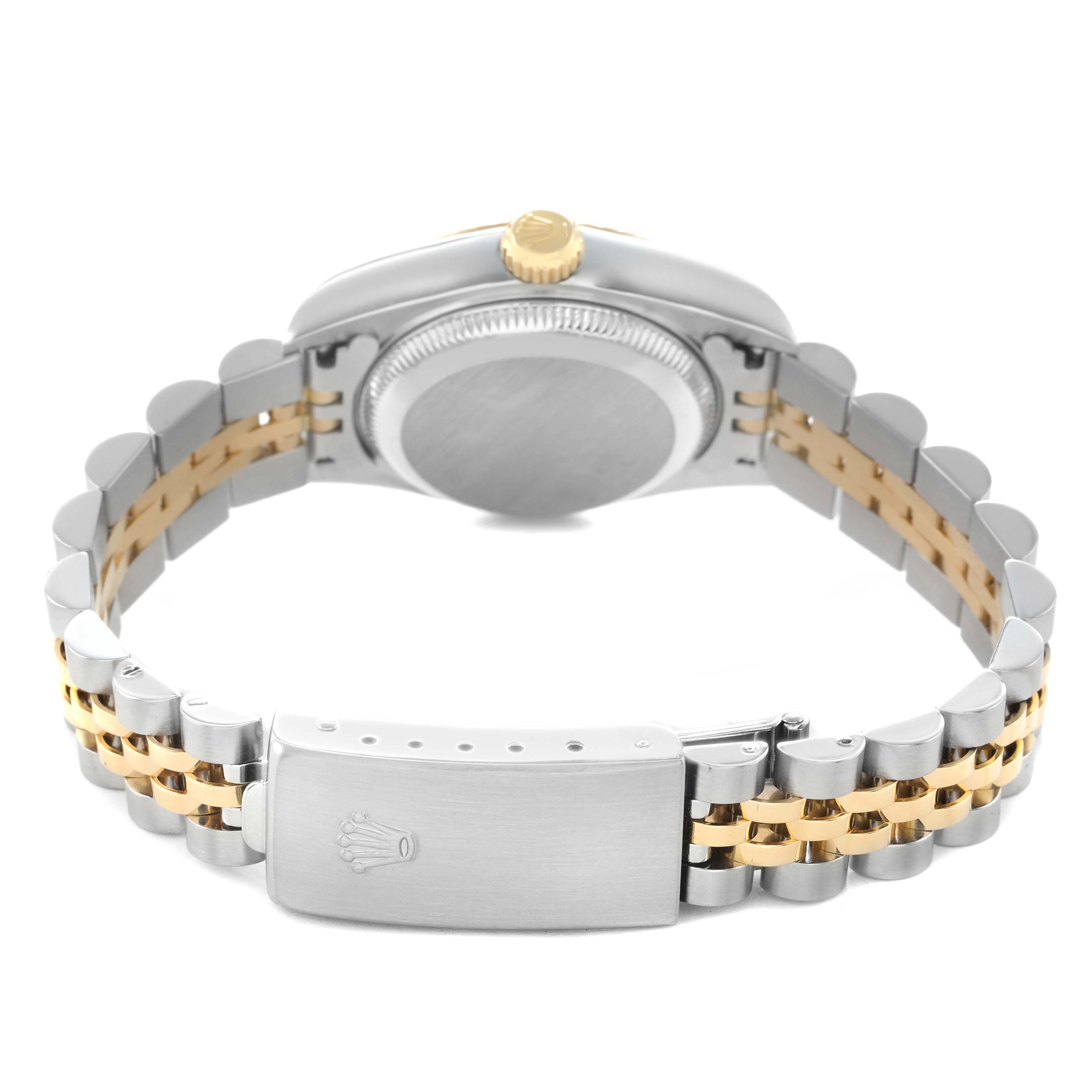 The image shows the back of the Rolex Datejust 79173 Women's Steel and Gold (two tone) Black Dial watch, highlighting the clasp, bracelet, and case back.