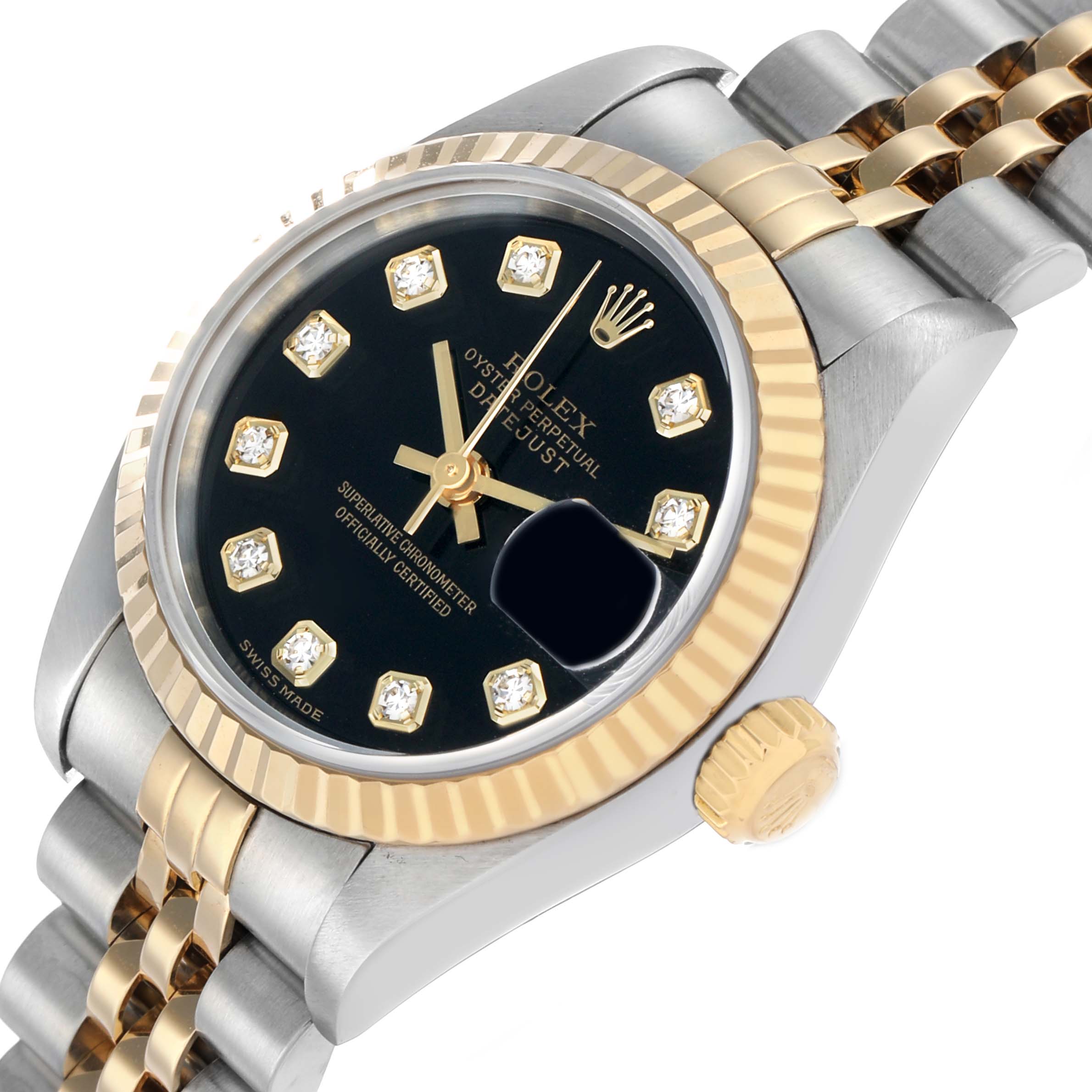 The Rolex Datejust 79173 Women's Steel and Gold (two tone) Black Dial watch is shown at an angle highlighting the dial, bezel, crown, and part of the two-tone bracelet.