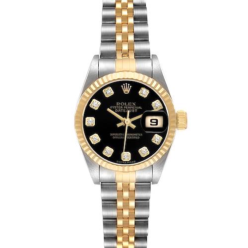The Rolex Datejust 79173 Women's Steel and Gold (two tone) Black Dial watch is shown from a top view, displaying the dial, bezel, crown, and bracelet.