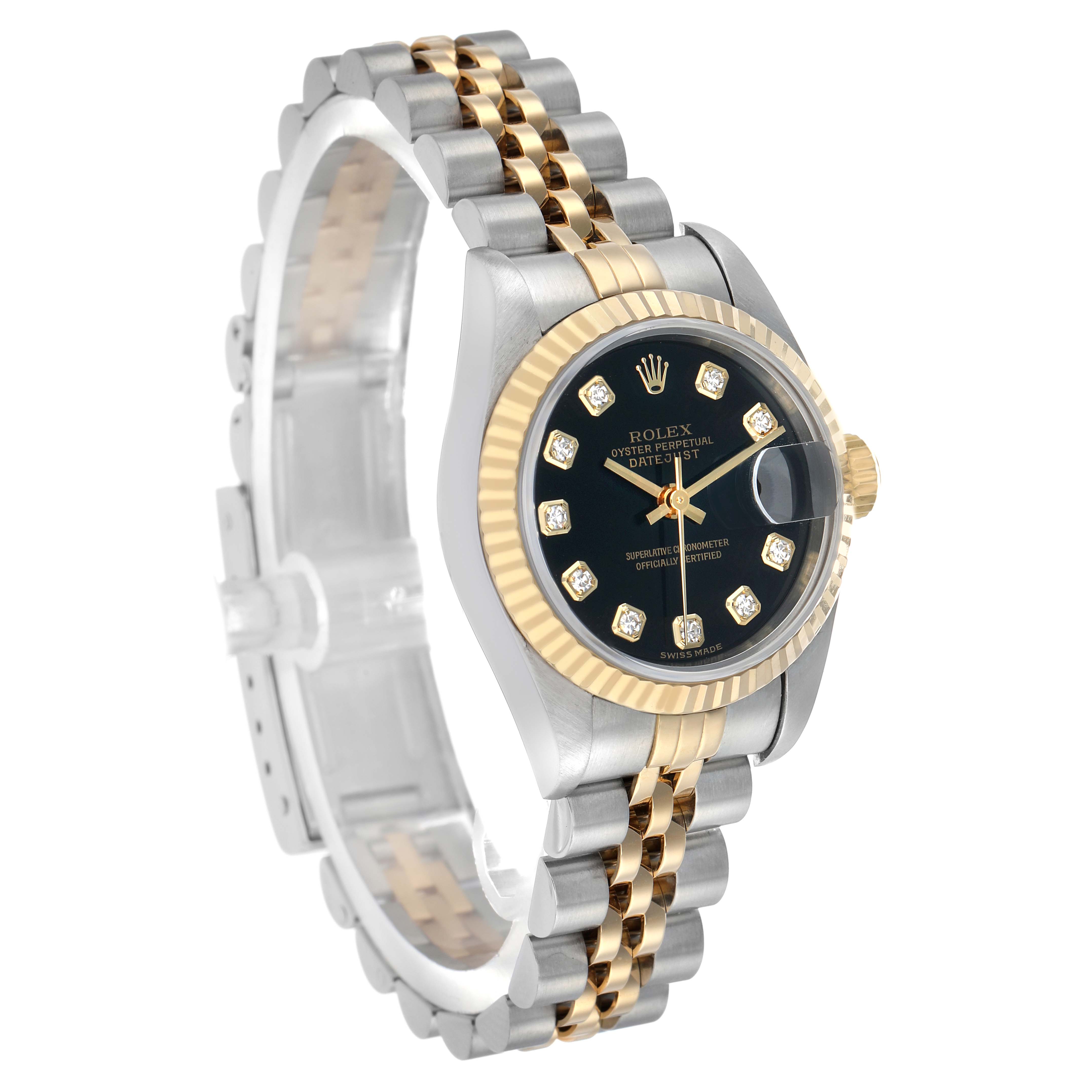 The Rolex Datejust 79173 Women's Steel and Gold (two tone) Black Dial is shown at a slight angle, displaying its face, bezel, and two-tone bracelet.
