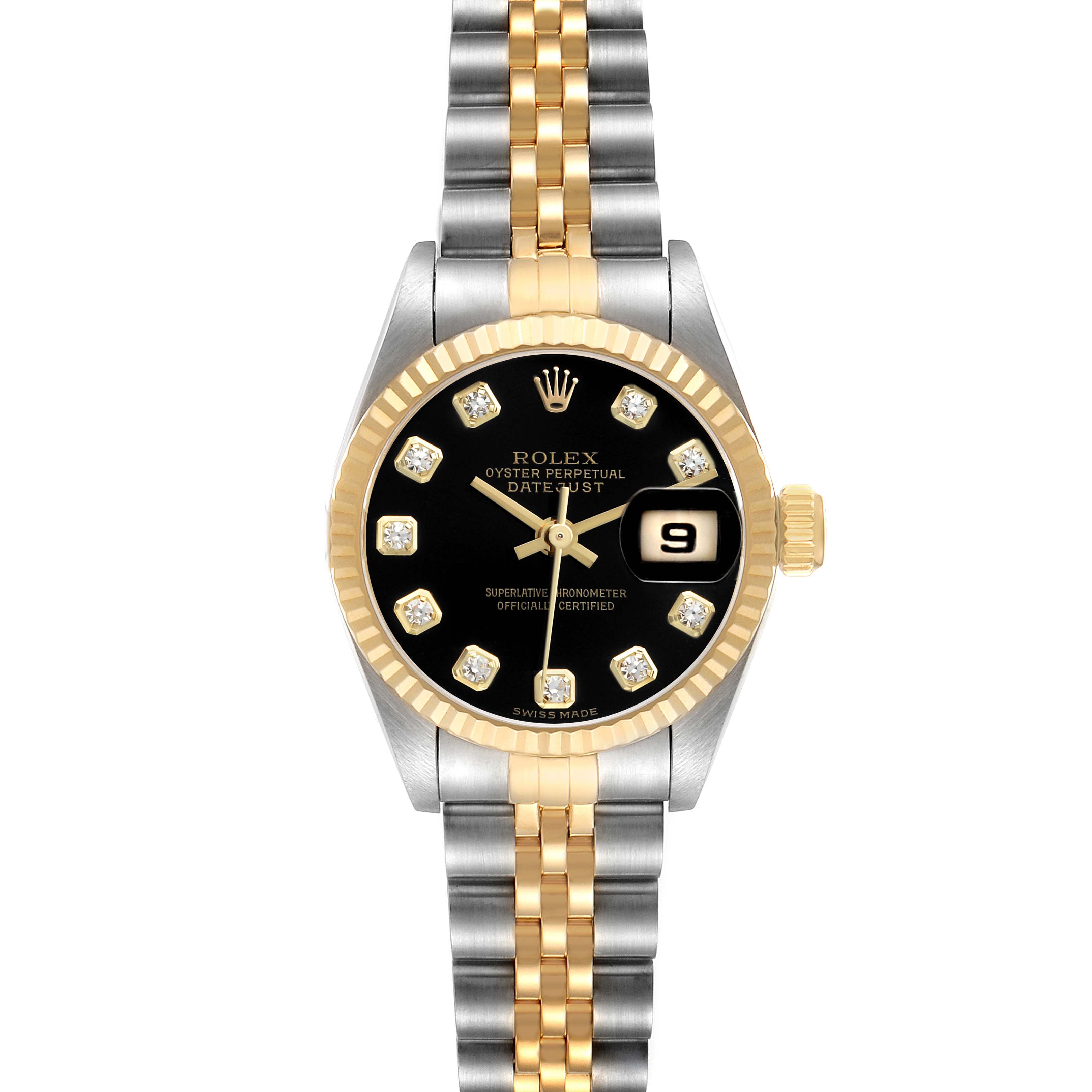 The Rolex Datejust 79173 Women's Steel and Gold (two tone) Black Dial watch is shown from a top-down angle, displaying its black dial, gold bezel, and two-tone bracelet.