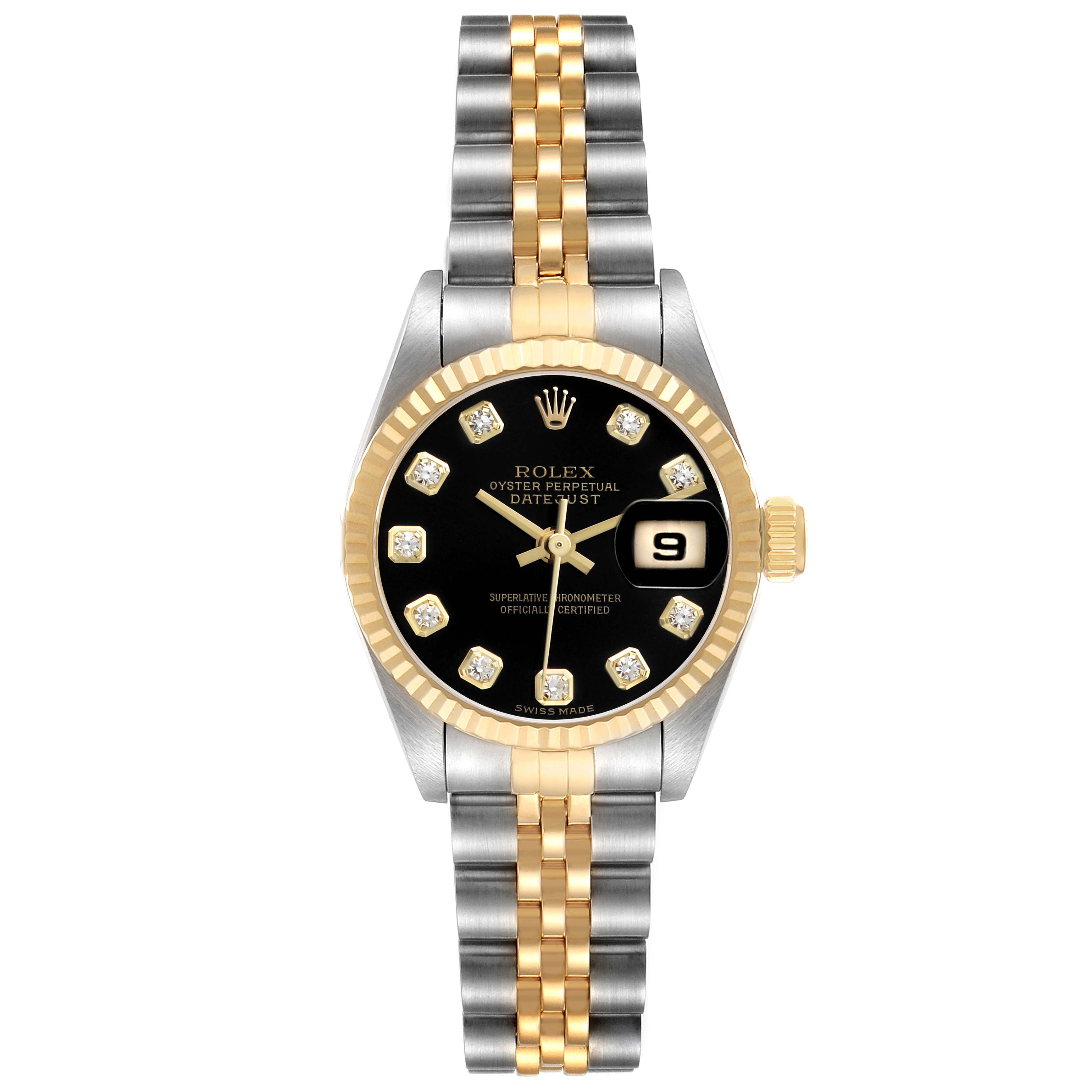 The Rolex Datejust 79173 Women's Steel and Gold (two tone) Black Dial watch is shown from a top view, highlighting the black dial, diamond markers, two-tone case, bezel, and bracelet.