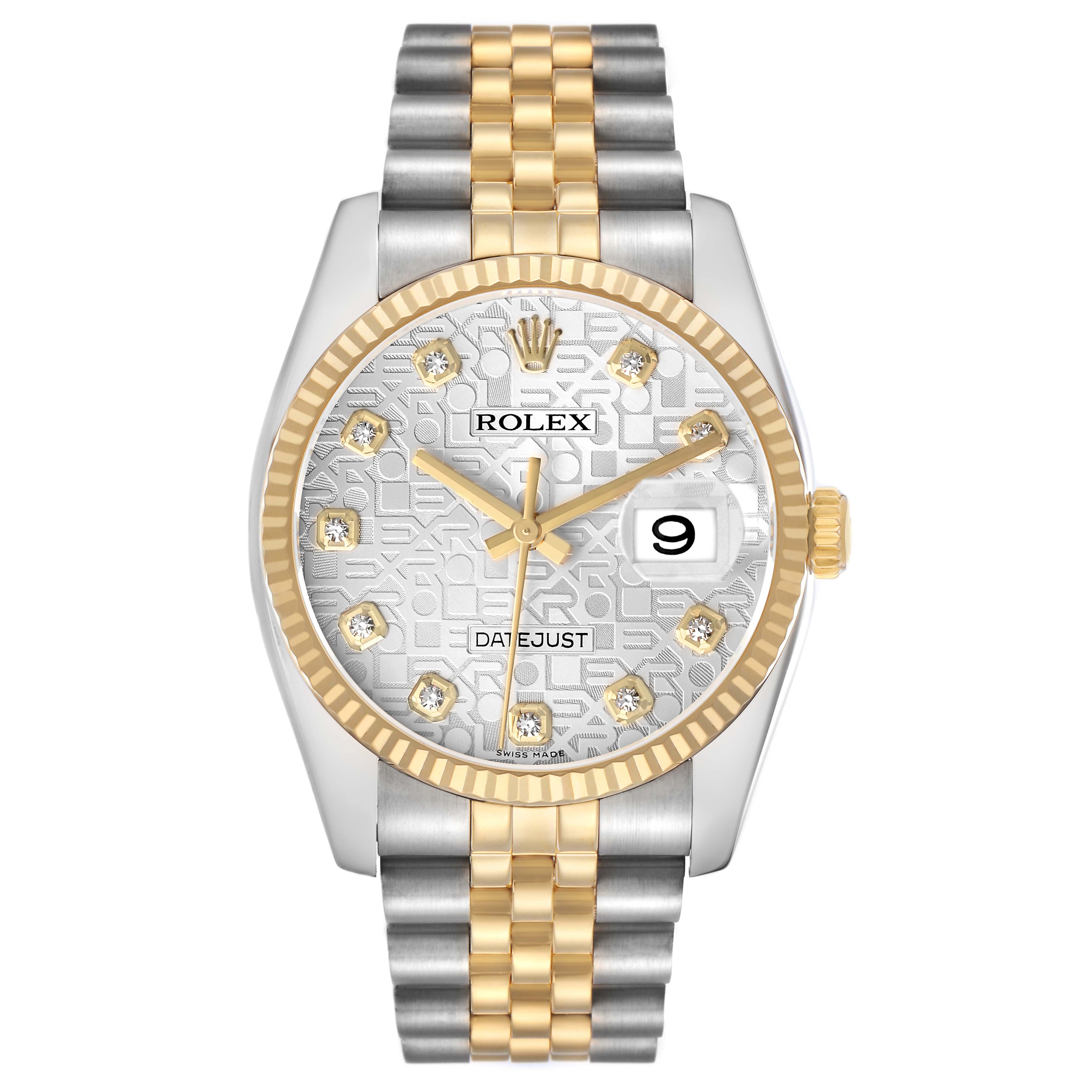 The Rolex Datejust 116233 Men's Steel and Gold (two tone) Silver Dial watch is shown from the front, displaying the dial, bezel, crown, and bracelet.