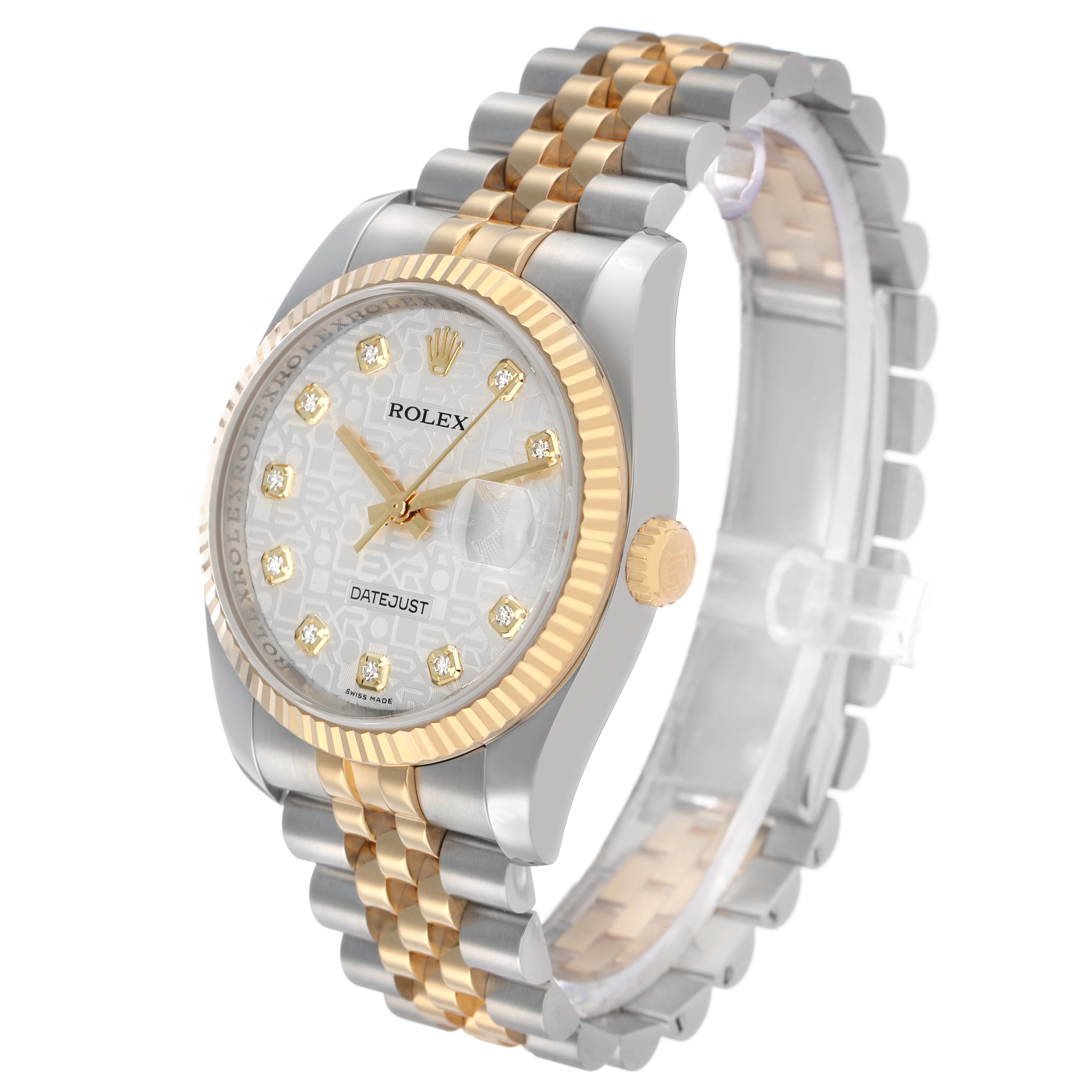 The Rolex Datejust 116233 Men's Steel and Gold (two tone) Silver Dial watch is shown at a three-quarter angle, highlighting the two-tone bracelet, fluted bezel, and diamond markers.