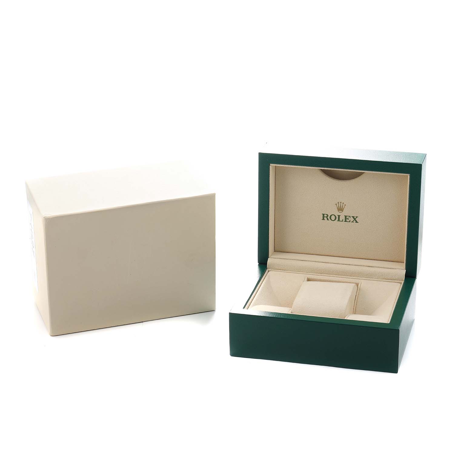 The image shows an open Rolex Datejust 116233 Men's Steel and Gold (two tone) Silver Dial watch box and its outer cardboard case.