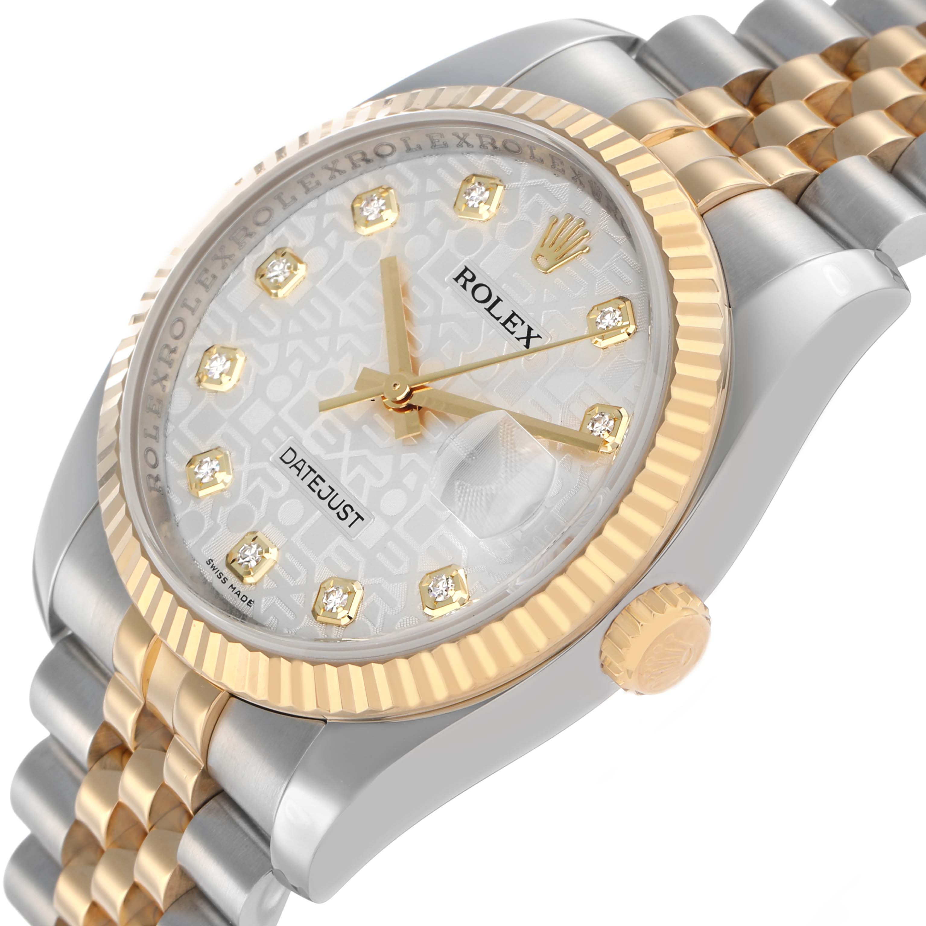 The Rolex Datejust 116233 Men's Steel and Gold (two tone) Silver Dial watch is shown from a slightly tilted side angle, highlighting the dial, bezel, crown, and part of the bracelet.