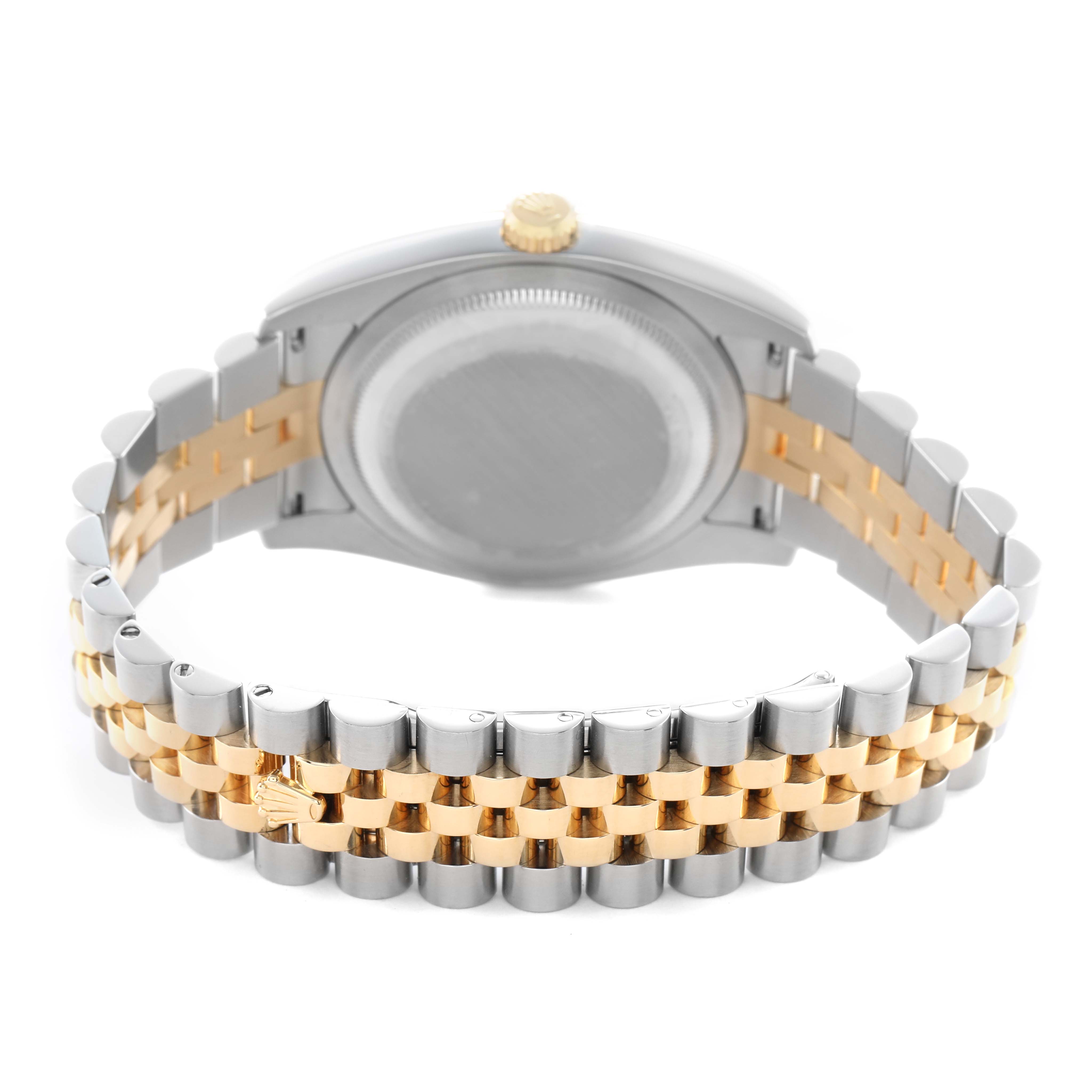 The Rolex Datejust 116233 Men's Steel and Gold (two tone) Silver Dial is shown from the back, highlighting the closed caseback and the gold and silver Jubilee bracelet.