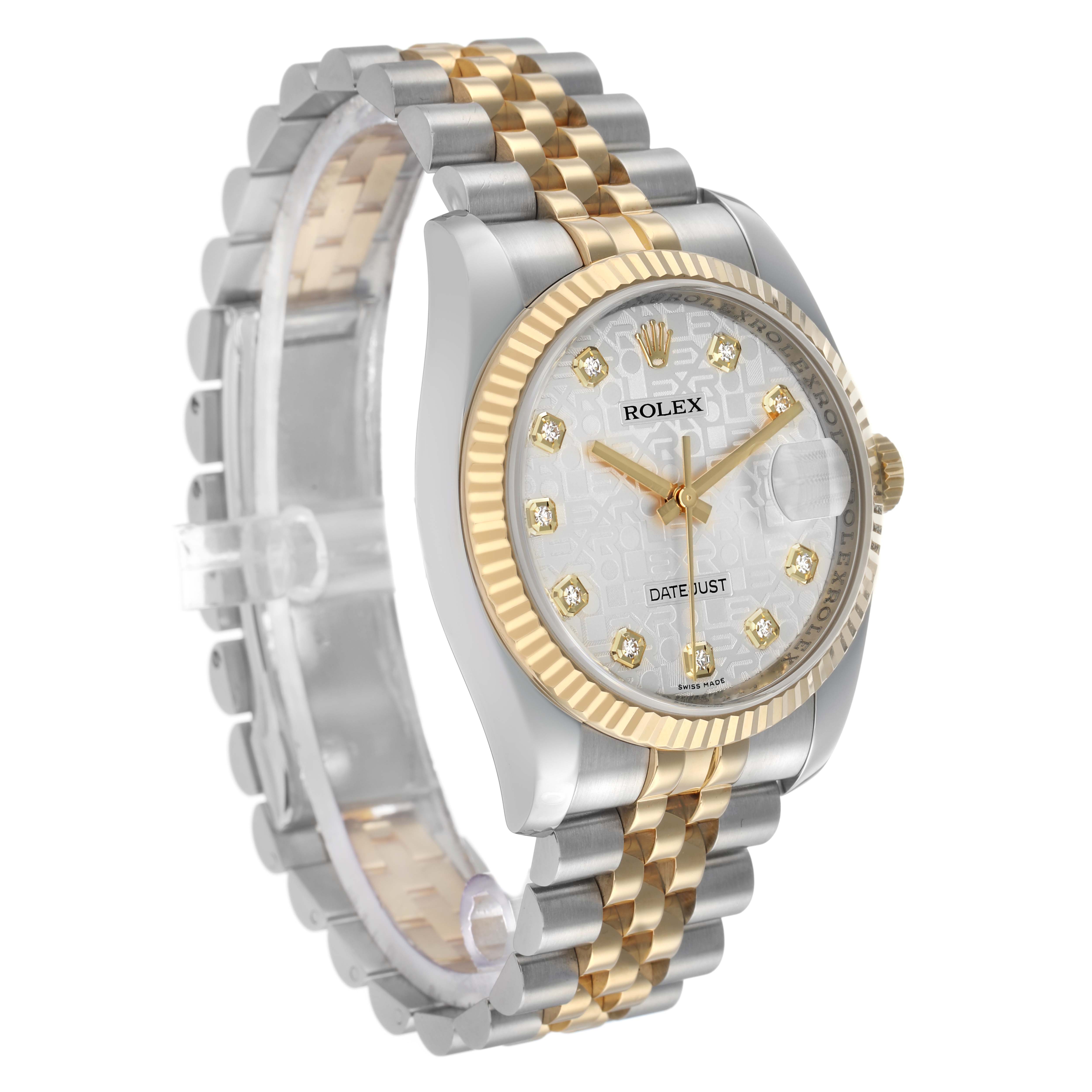 The image shows a Rolex Datejust 116233 Men's Steel and Gold (two tone) Silver Dial watch at a slight angle, highlighting the bracelet, case, and diamond-set dial.