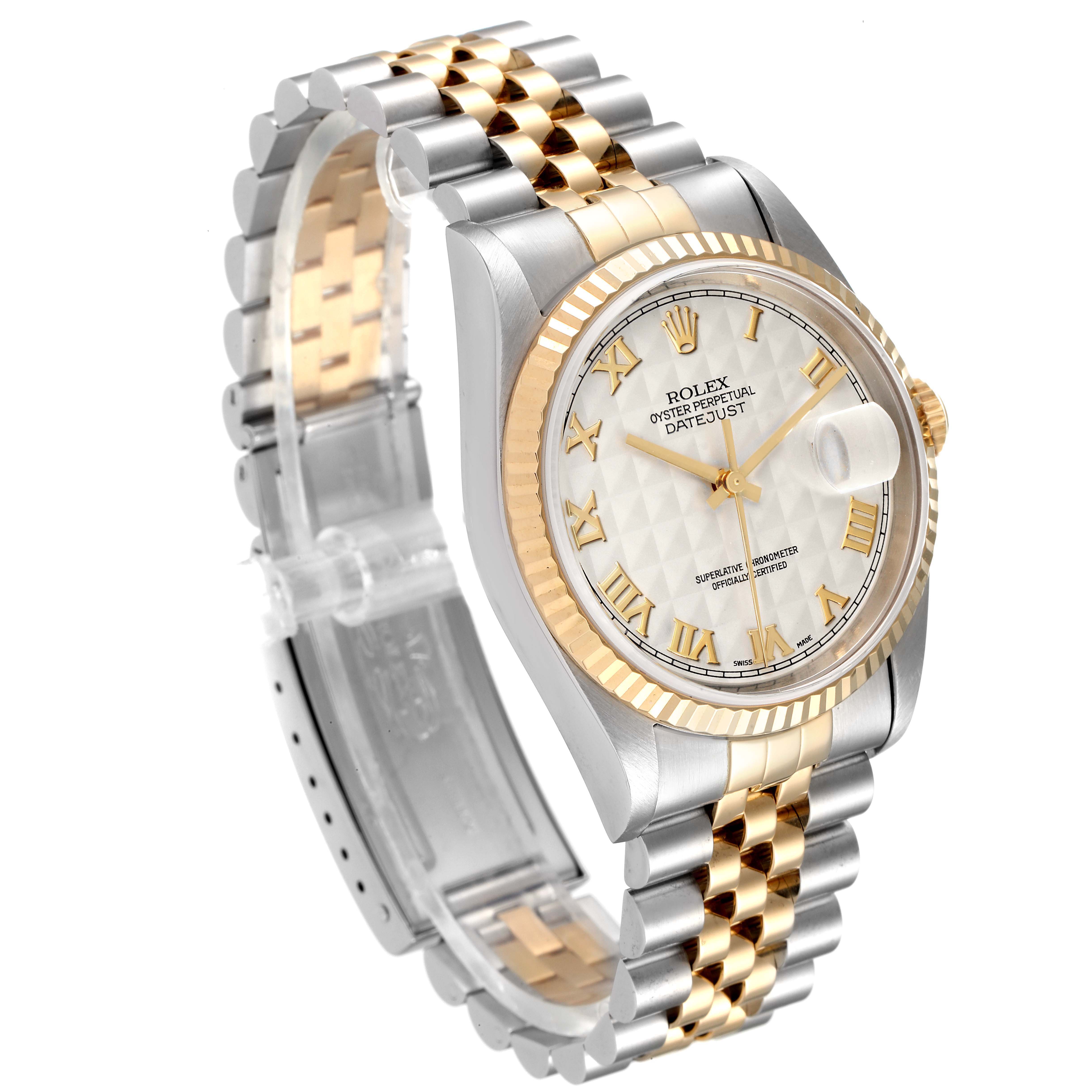 The image shows a Rolex Datejust 16233 Men
s Steel and Gold (two tone) Beige Dial 16233 Men
s Steel and Gold (two tone) Beige Dial watch at an angle, highlighting its jubilee bracelet, fluted bezel, and white dial with Roman numerals.