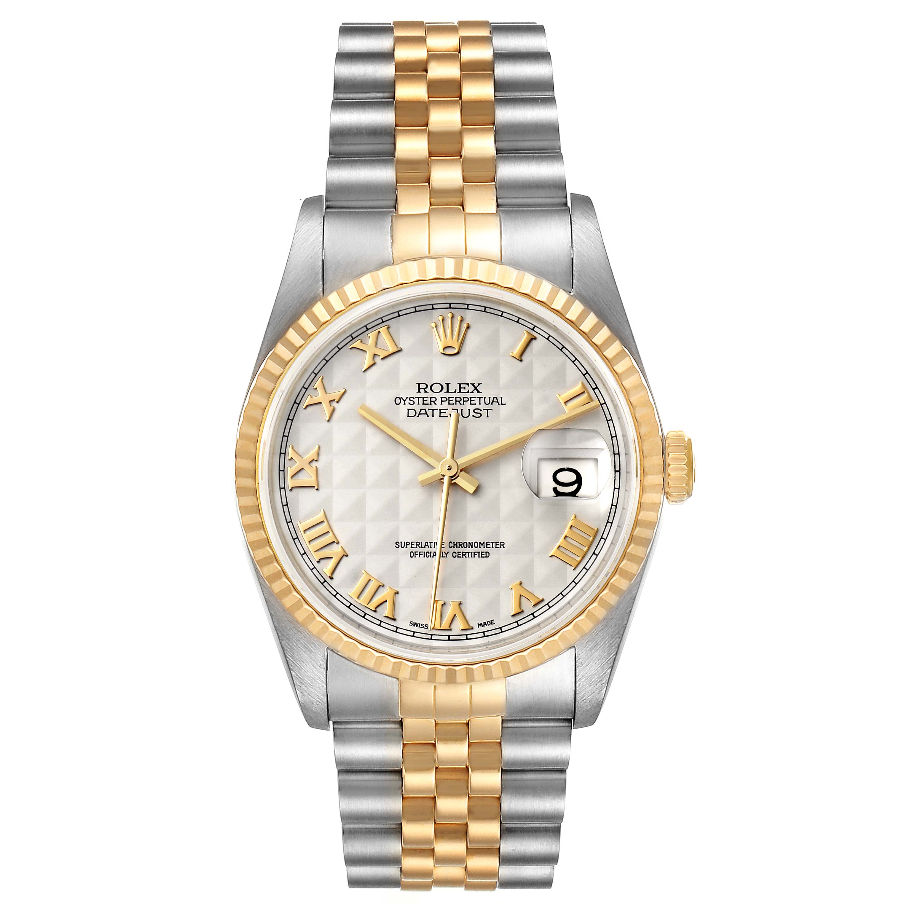 This image shows a front view of a Rolex Datejust 16233 Men
s Steel and Gold (two tone) Beige Dial 16233 Men
s Steel and Gold (two tone) Beige Dial watch, highlighting its gold and silver bracelet, fluted bezel, dial, and date window.