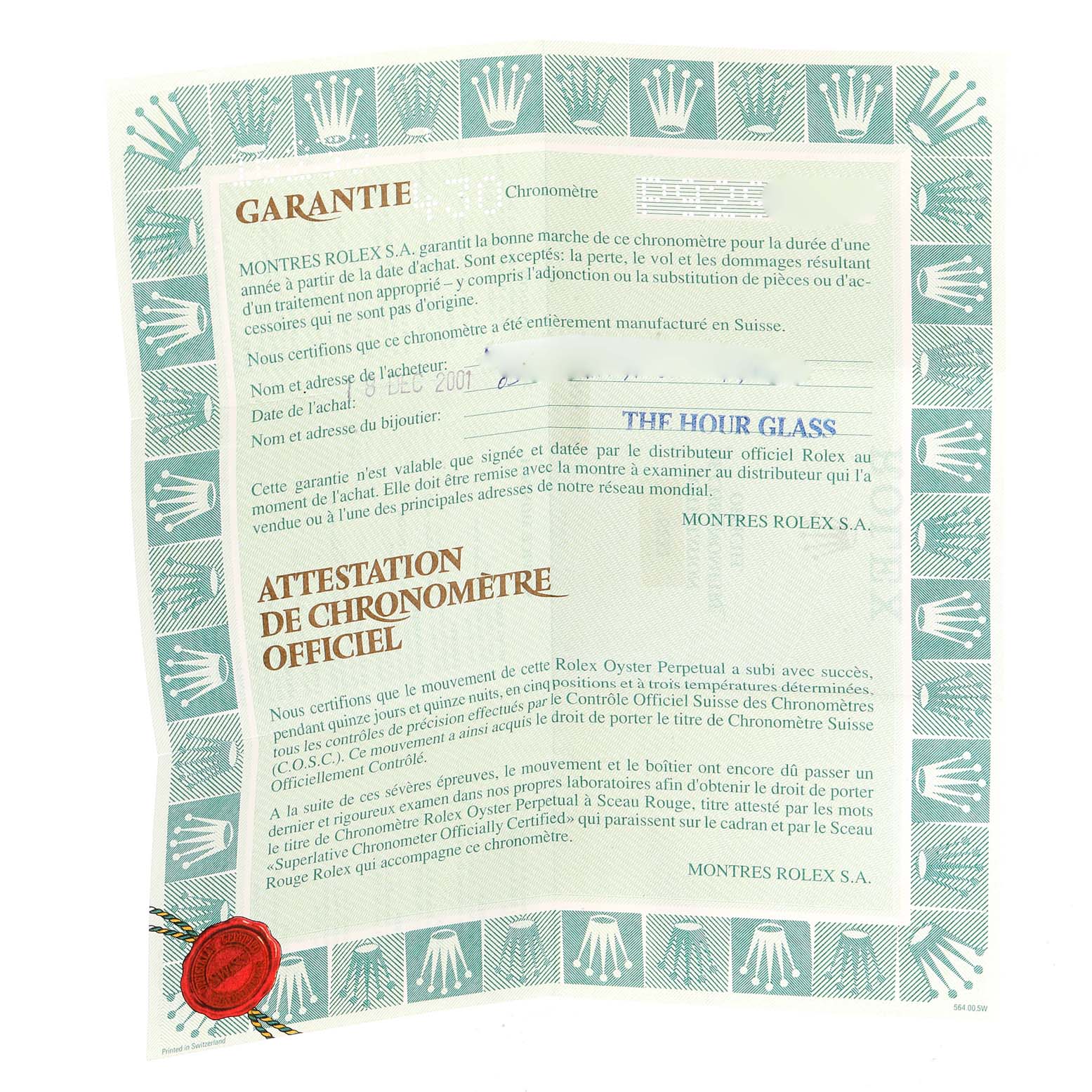 The image shows the warranty certificate for a Rolex Datejust 16233 Men
s Steel and Gold (two tone) Beige Dial 16233 Men
s Steel and Gold (two tone) Beige Dial watch, detailing guarantee and chronometer certification.