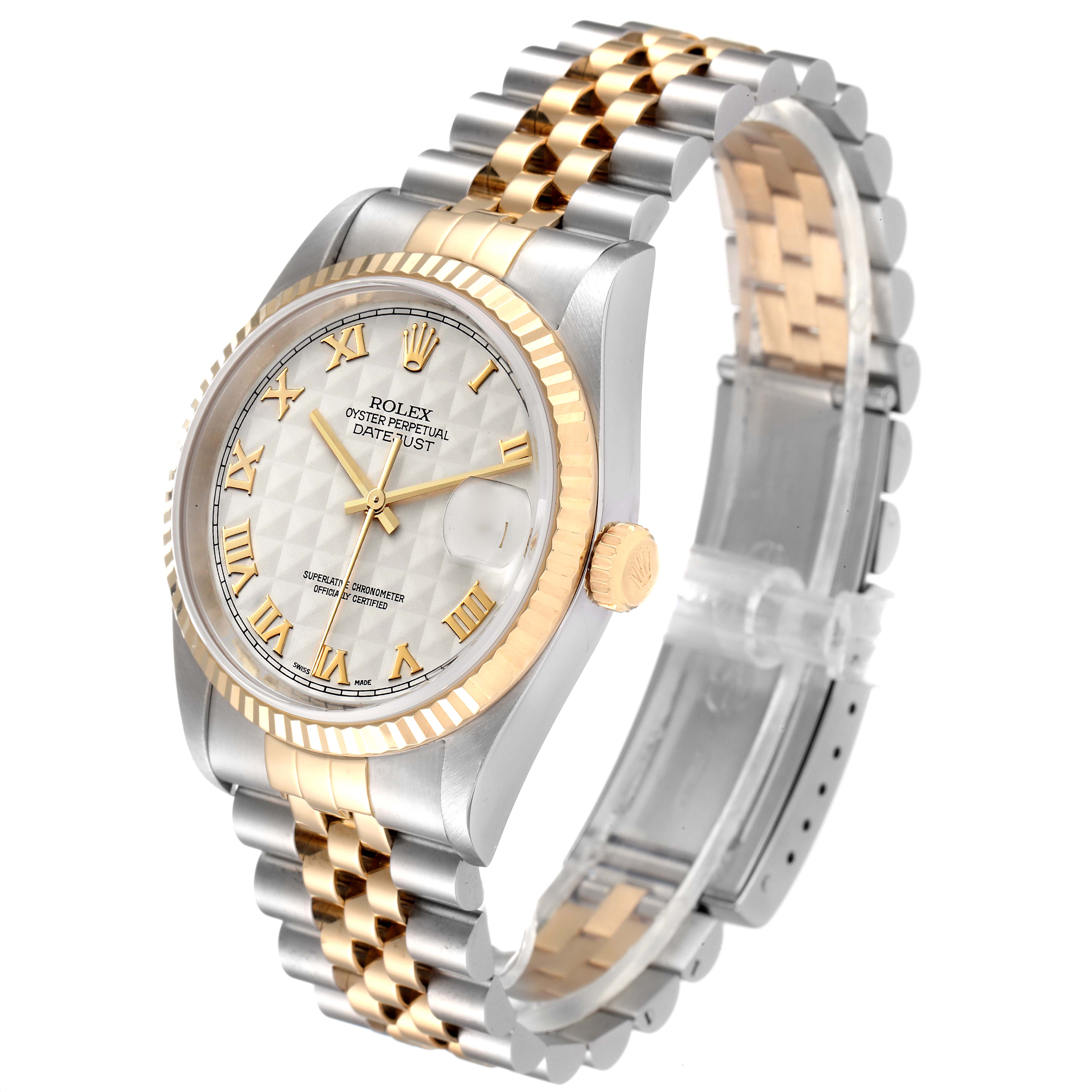 The Rolex Datejust 16233 Men
s Steel and Gold (two tone) Beige Dial 16233 Men
s Steel and Gold (two tone) Beige Dial watch is shown at an angle displaying the dial, bezel, crown, and two-tone bracelet.