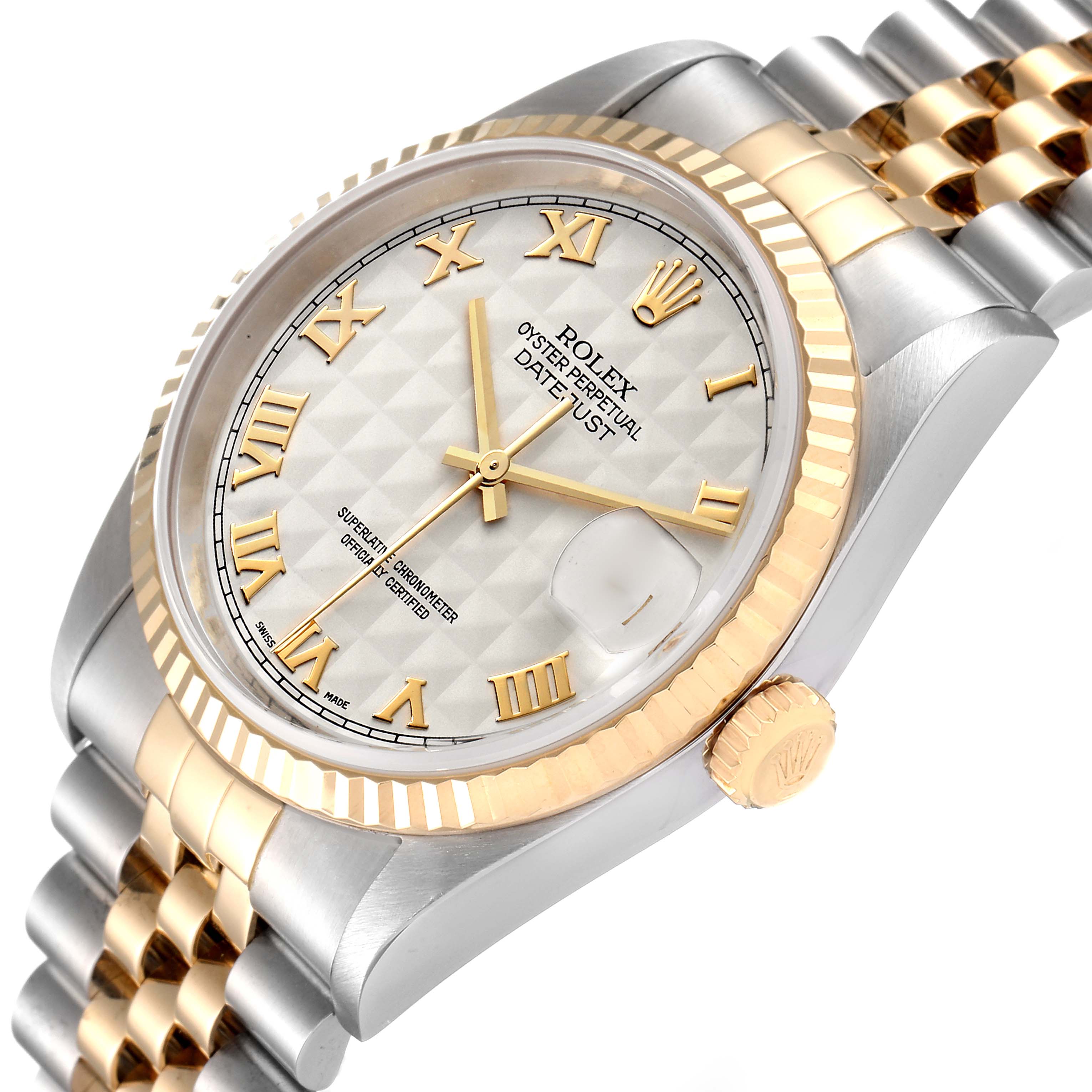 The image shows a Rolex Datejust 16233 Men
s Steel and Gold (two tone) Beige Dial 16233 Men
s Steel and Gold (two tone) Beige Dial watch from a front angle, highlighting the dial, bezel, crown, and bracelet.