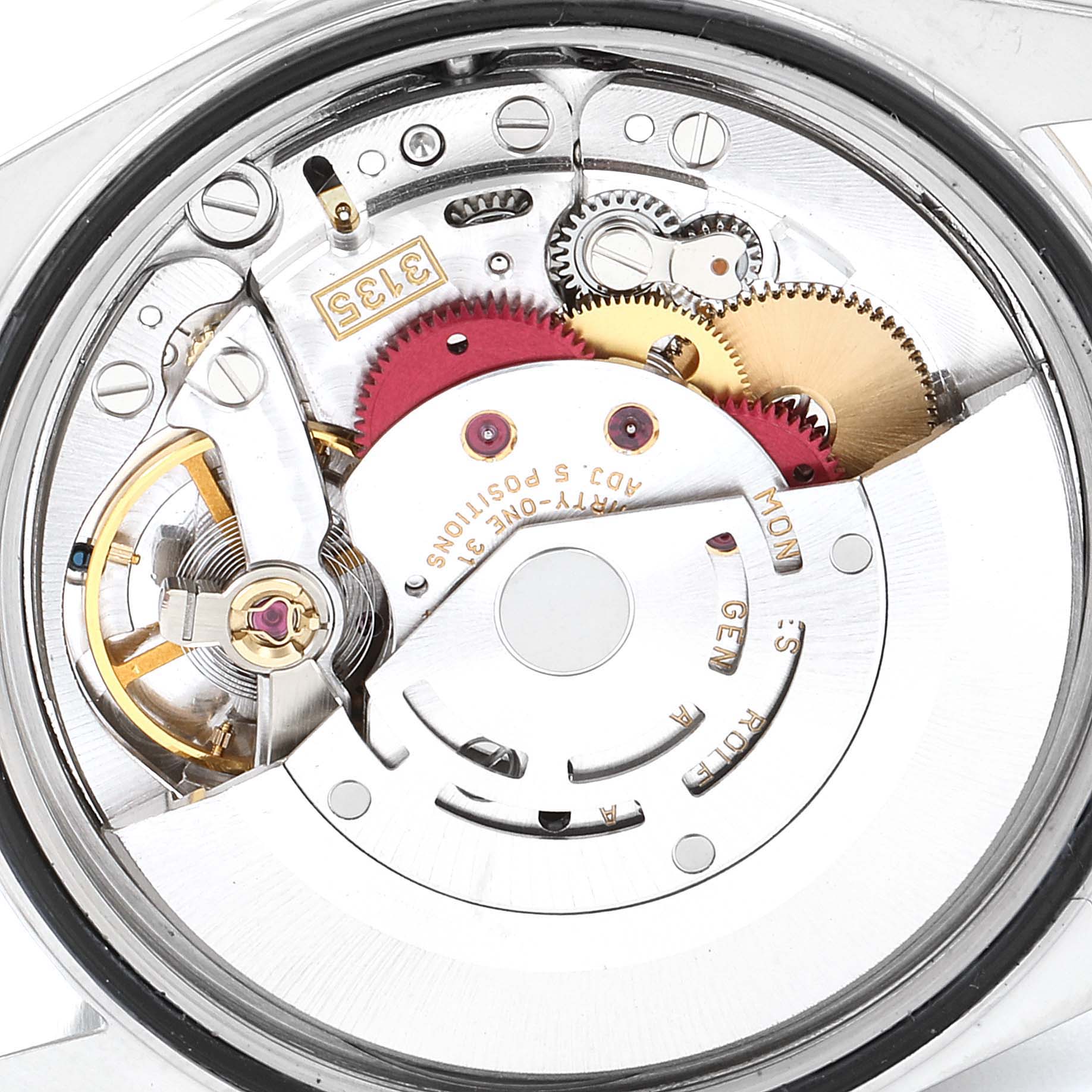 The image shows a close-up view of the movement mechanism of a Rolex Datejust 16233 Men
s Steel and Gold (two tone) Beige Dial 16233 Men
s Steel and Gold (two tone) Beige Dial watch, with gears and components clearly visible.