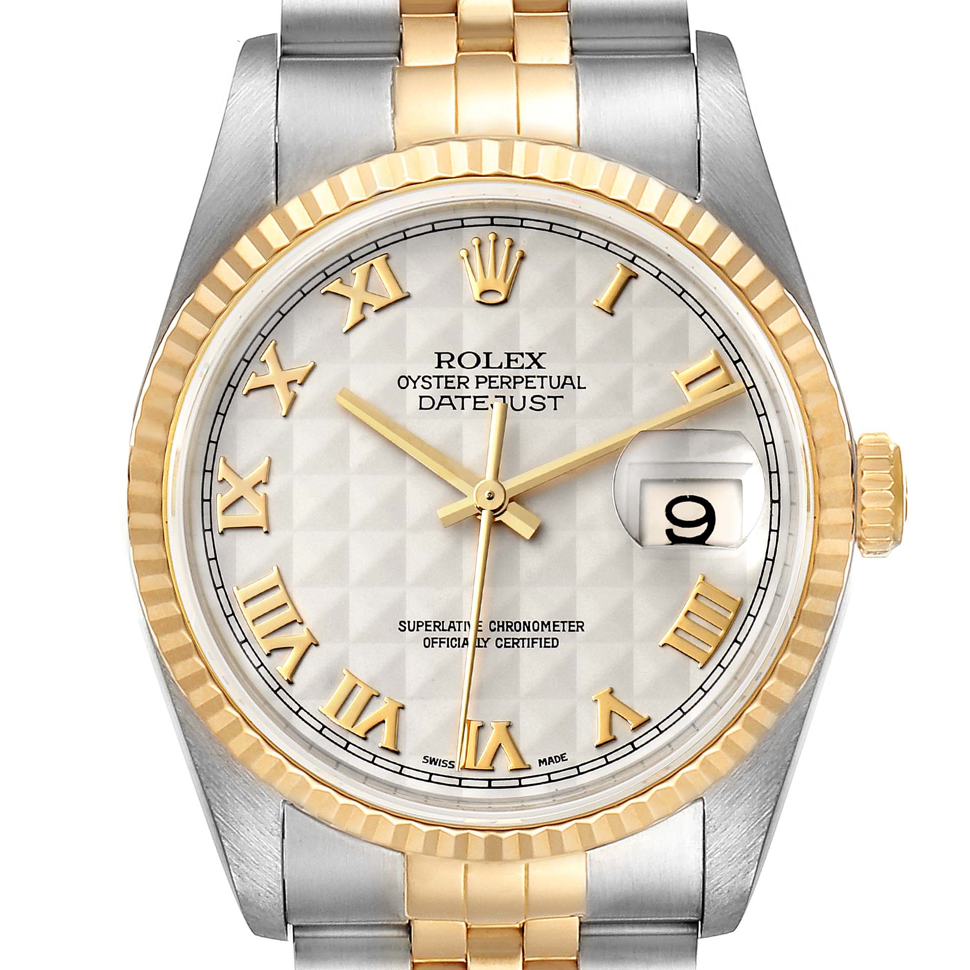 This is a frontal view of a Rolex Datejust 16233 Men
s Steel and Gold (two tone) Beige Dial 16233 Men
s Steel and Gold (two tone) Beige Dial watch, showing the face, bezel, dial, hands, and part of the bracelet.