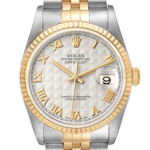 Photo of Rolex Datejust Steel Yellow Gold Pyramid Roman Dial Watch 16233 Box Papers