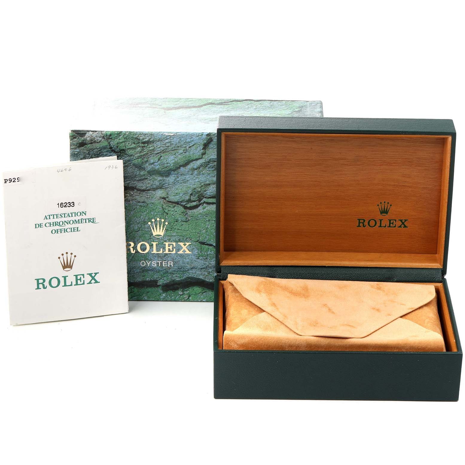 The image shows a Rolex Datejust 16233 Men
s Steel and Gold (two tone) Beige Dial 16233 Men
s Steel and Gold (two tone) Beige Dial model
s box, warranty booklet, outer box, and protective pouch.