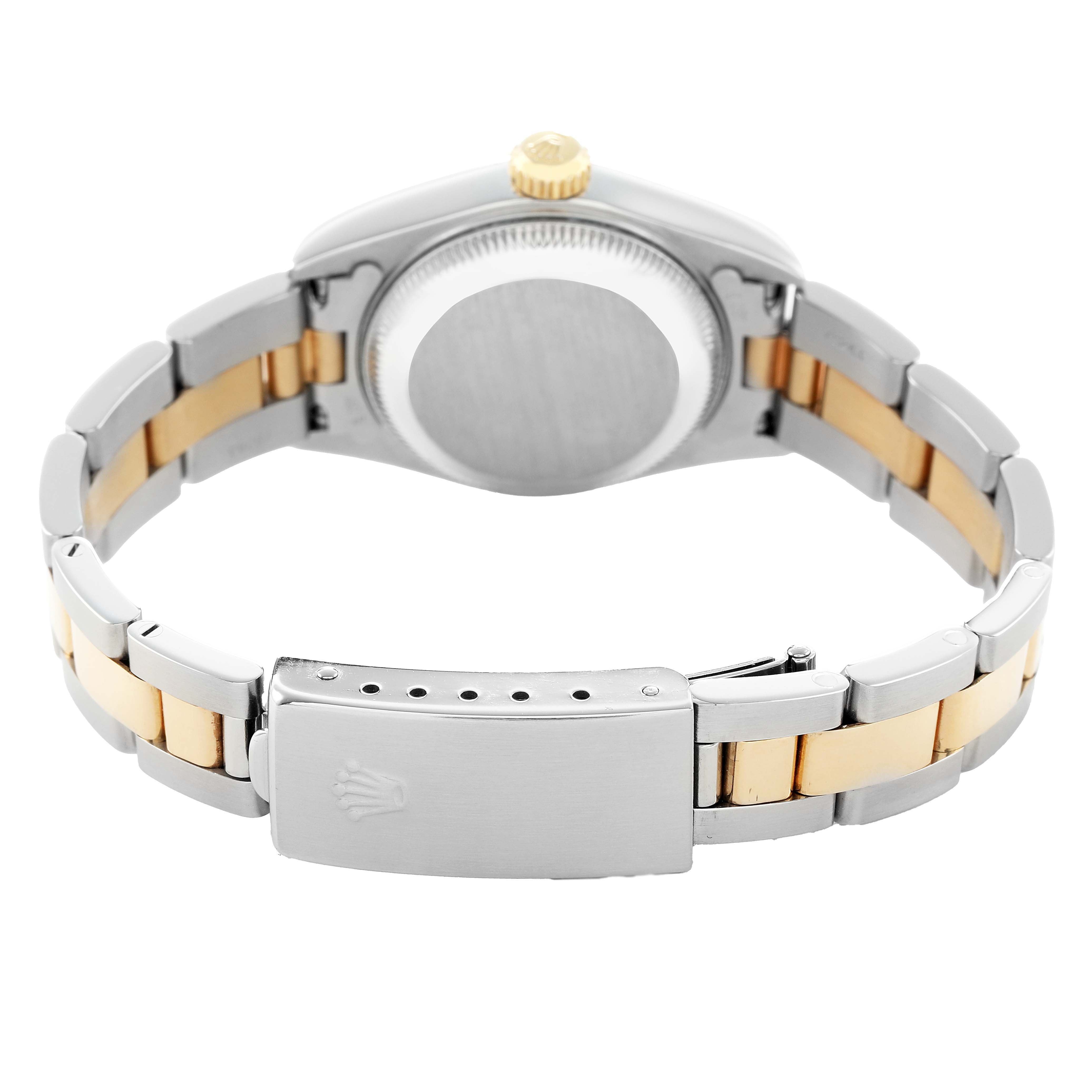 The image shows the back of a Rolex Datejust 79163 Women's Steel and Gold (two tone) Silver Dial watch, focusing on the case back, bracelet, and clasp.