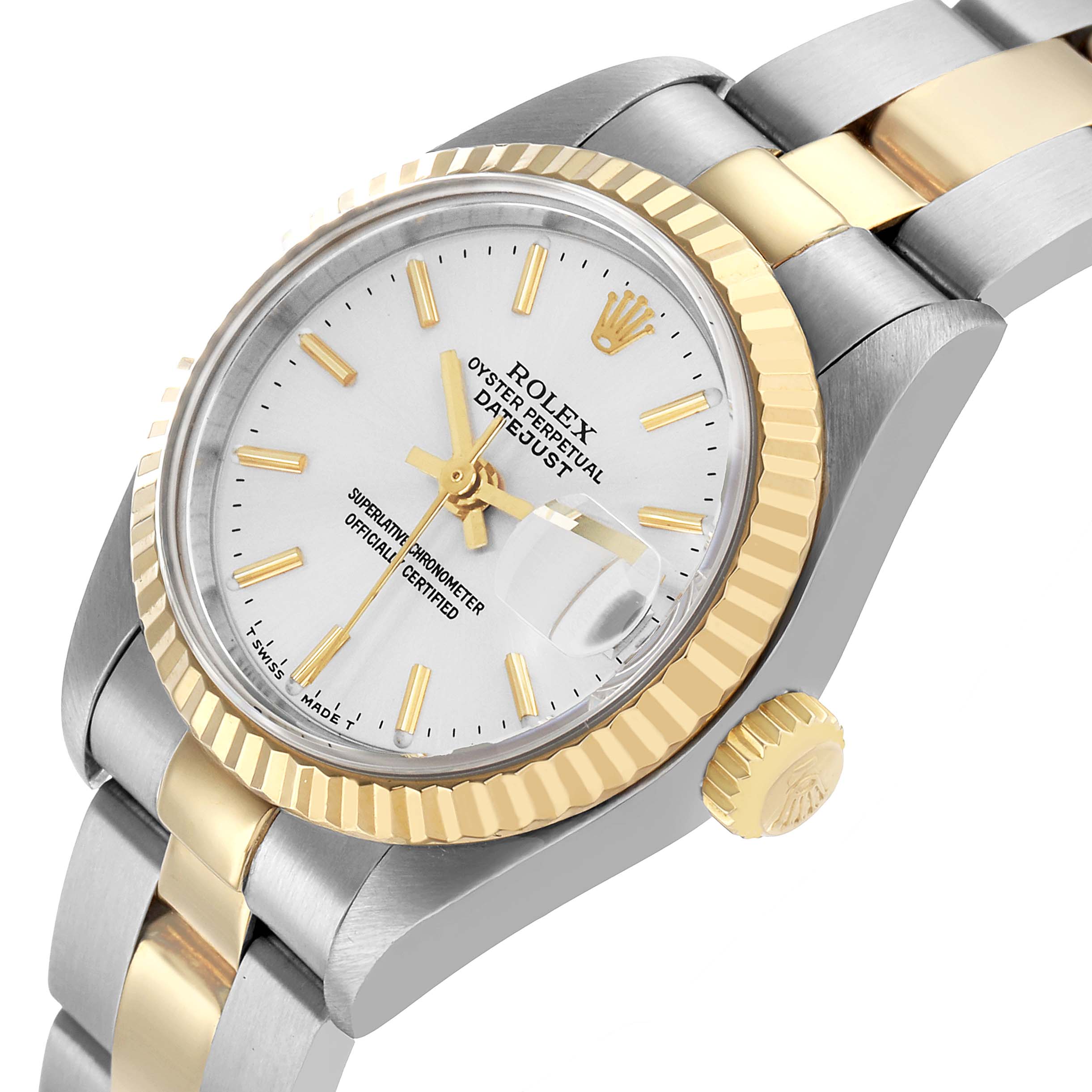 The Rolex Datejust 79163 Women's Steel and Gold (two tone) Silver Dial watch is shown at an angle highlighting the dial, bezel, crown, and part of the bracelet.