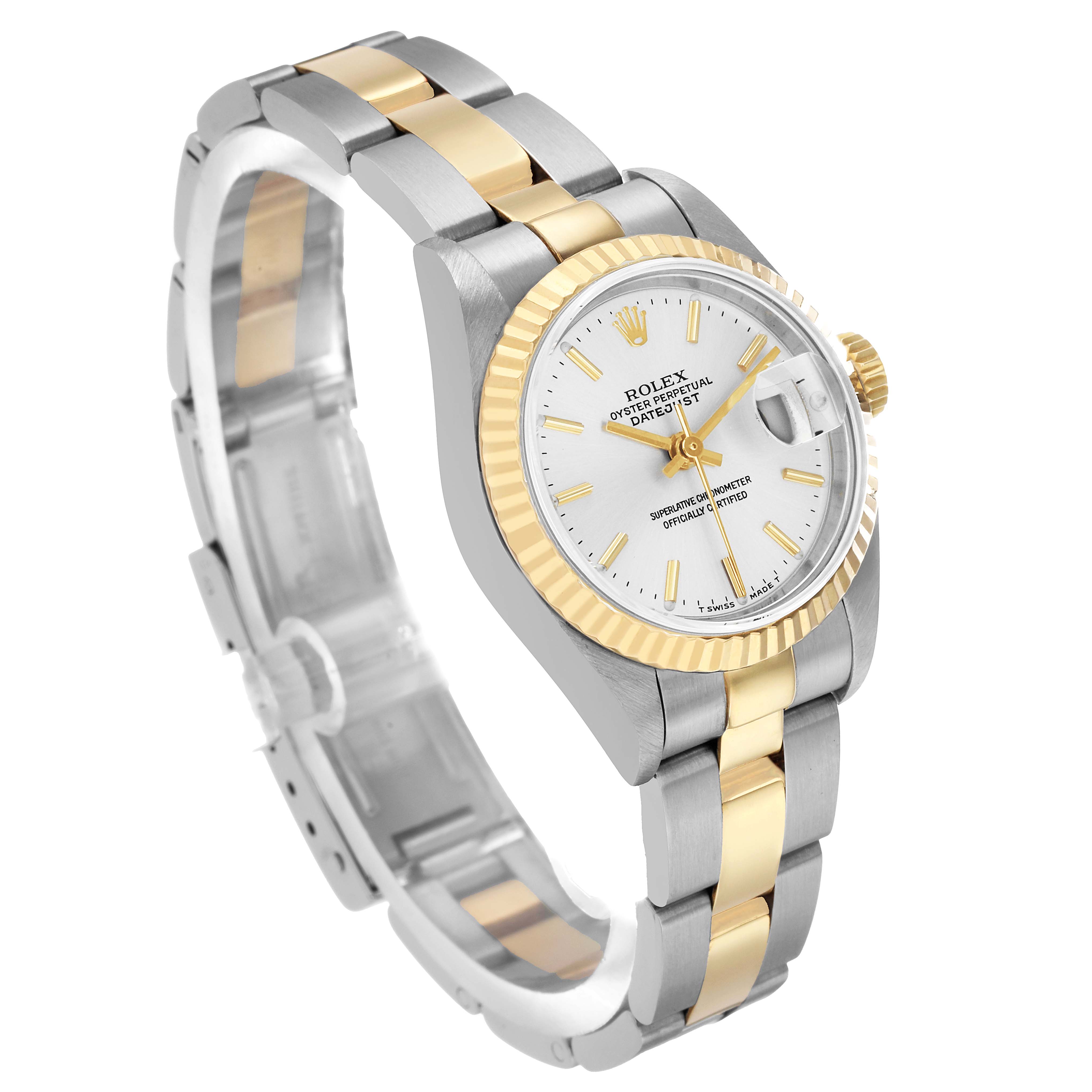 The Rolex Datejust 79163 Women's Steel and Gold (two tone) Silver Dial watch is shown at an angled top view highlighting the dial, bezel, crown, and two-tone bracelet.