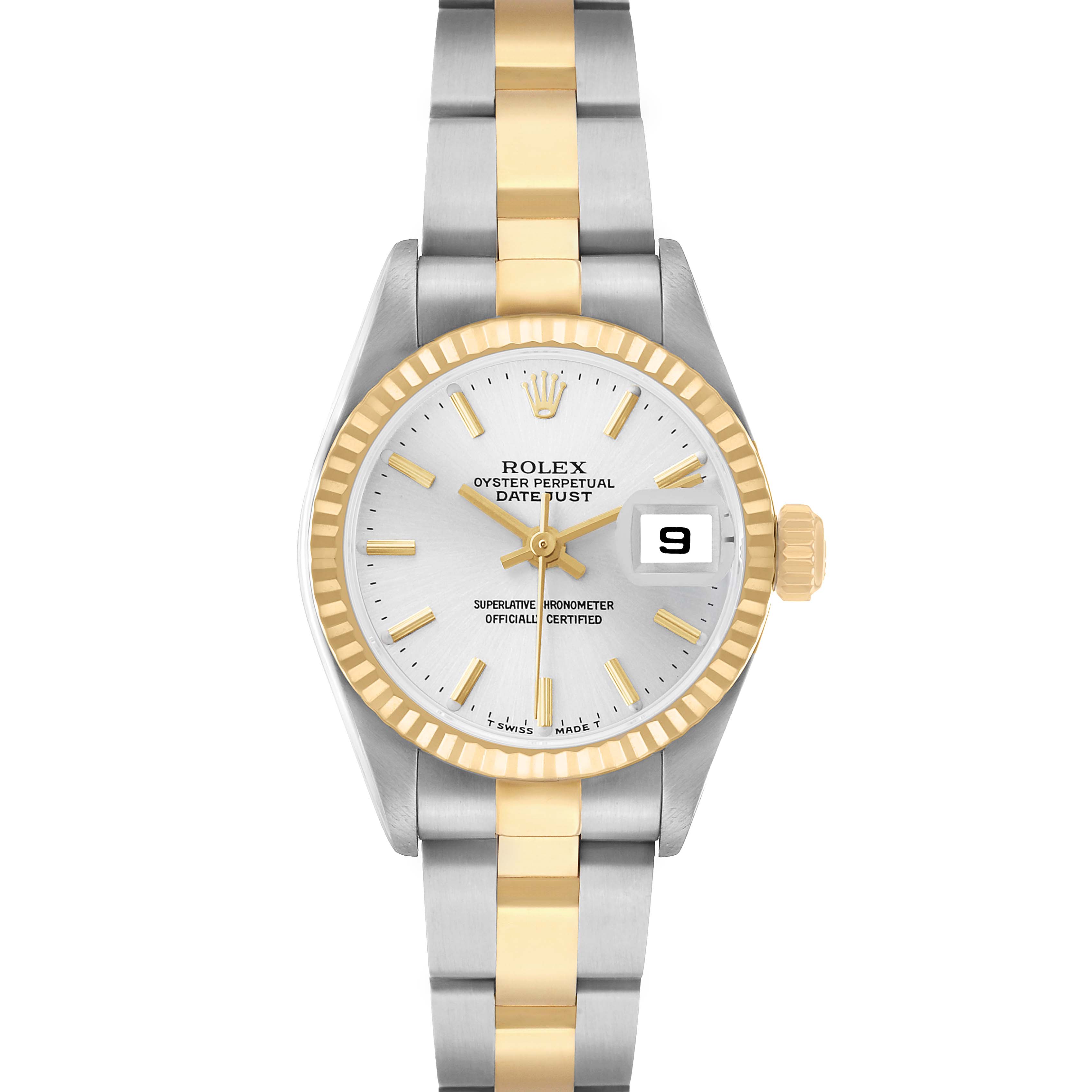 The Rolex Datejust 79163 Women's Steel and Gold (two tone) Silver Dial watch is shown from a front angle, highlighting the dial, bezel, bracelet, and date display.