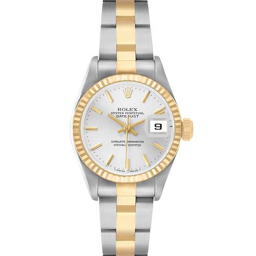 The Rolex Datejust 79163 Women's Steel and Gold (two tone) Silver Dial watch is shown from a front angle, highlighting the dial, bezel, and two-tone bracelet.