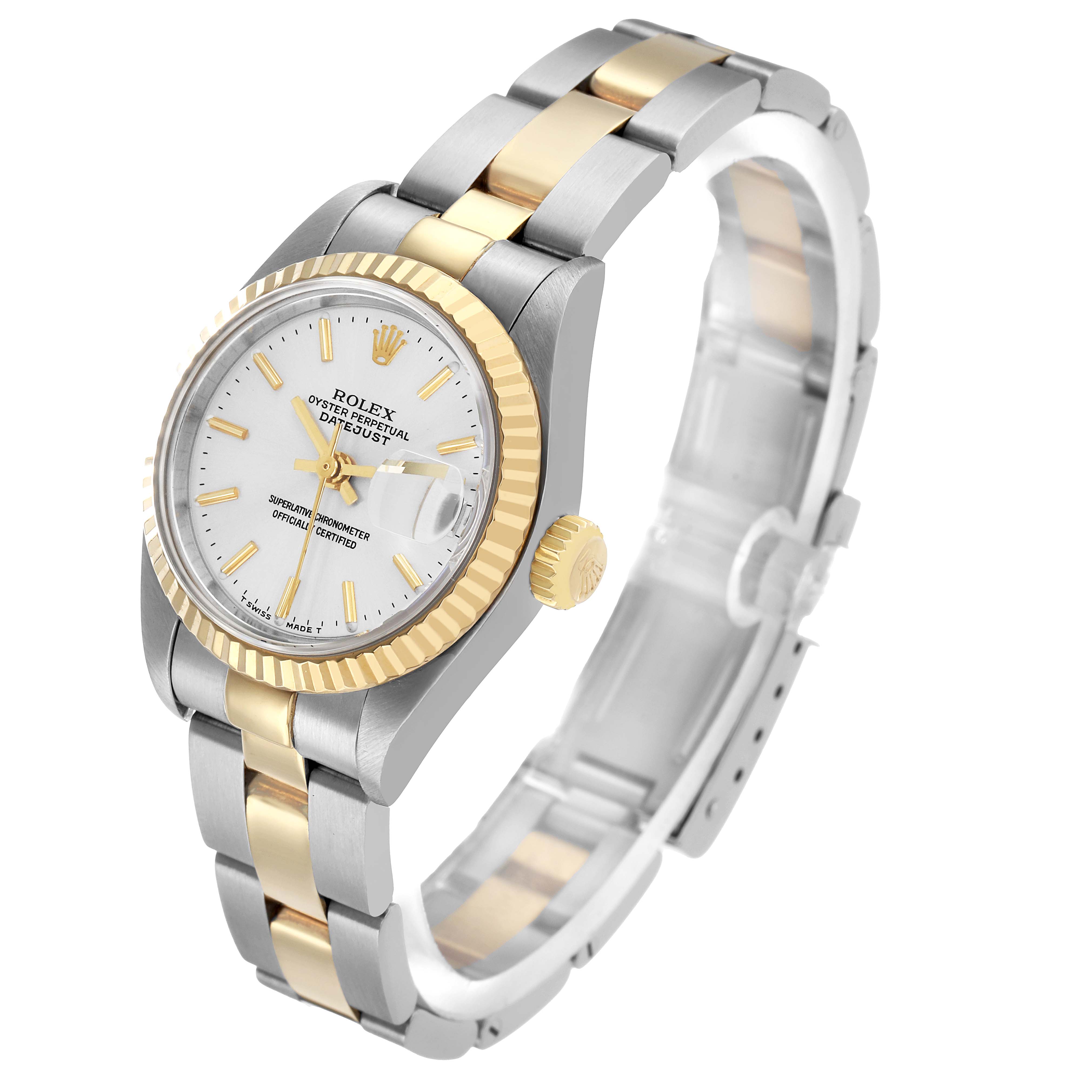 The Rolex Datejust 79163 Women's Steel and Gold (two tone) Silver Dial watch is shown at an angled perspective, highlighting the bezel, dial, bracelet, and crown.