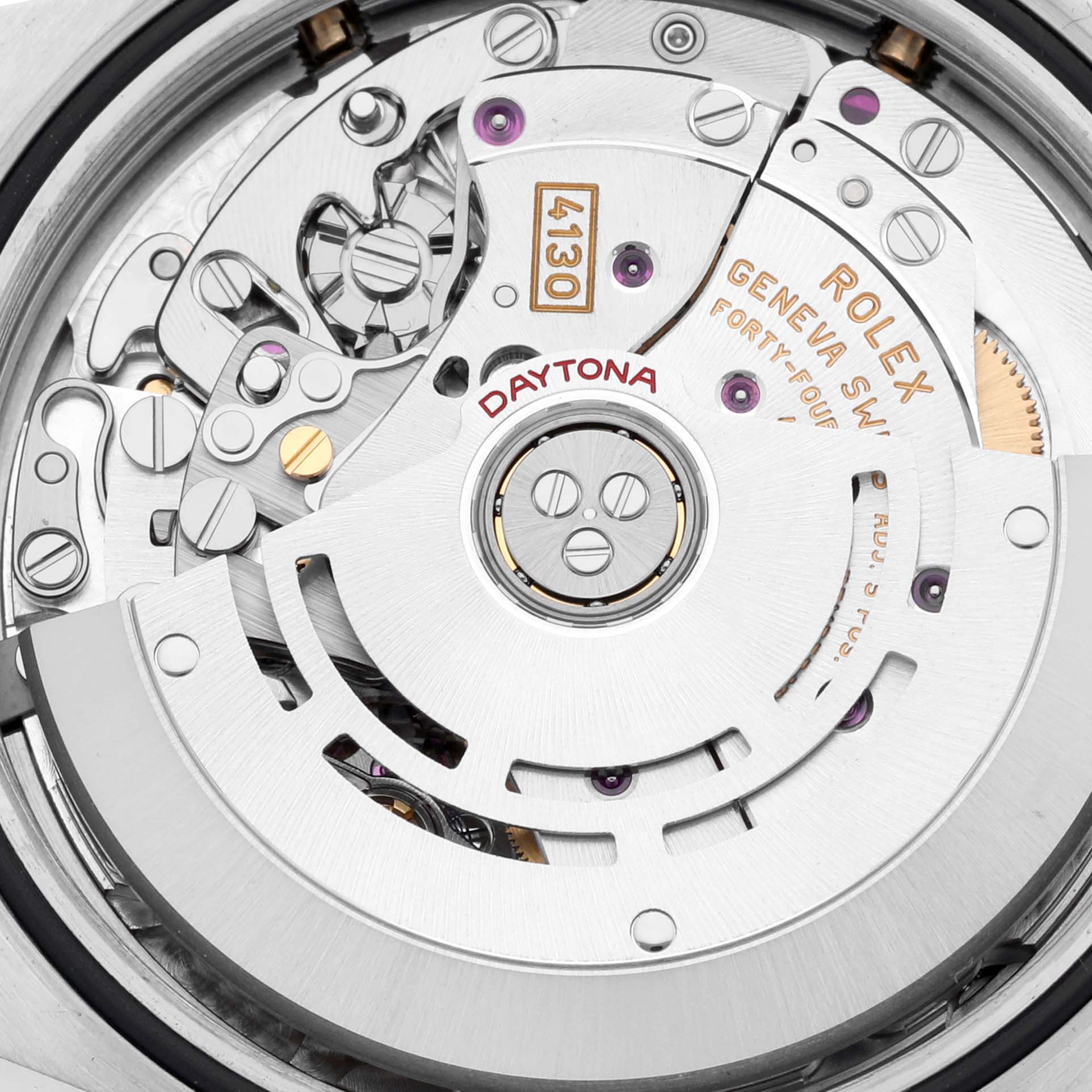 This image shows the movement of a Rolex Daytona 116503 Men
s Steel and Gold (two tone) Black Dial 116503 Men
s Steel and Gold (two tone) Black Dial watch from a close-up top angle, highlighting its intricate mechanical parts.