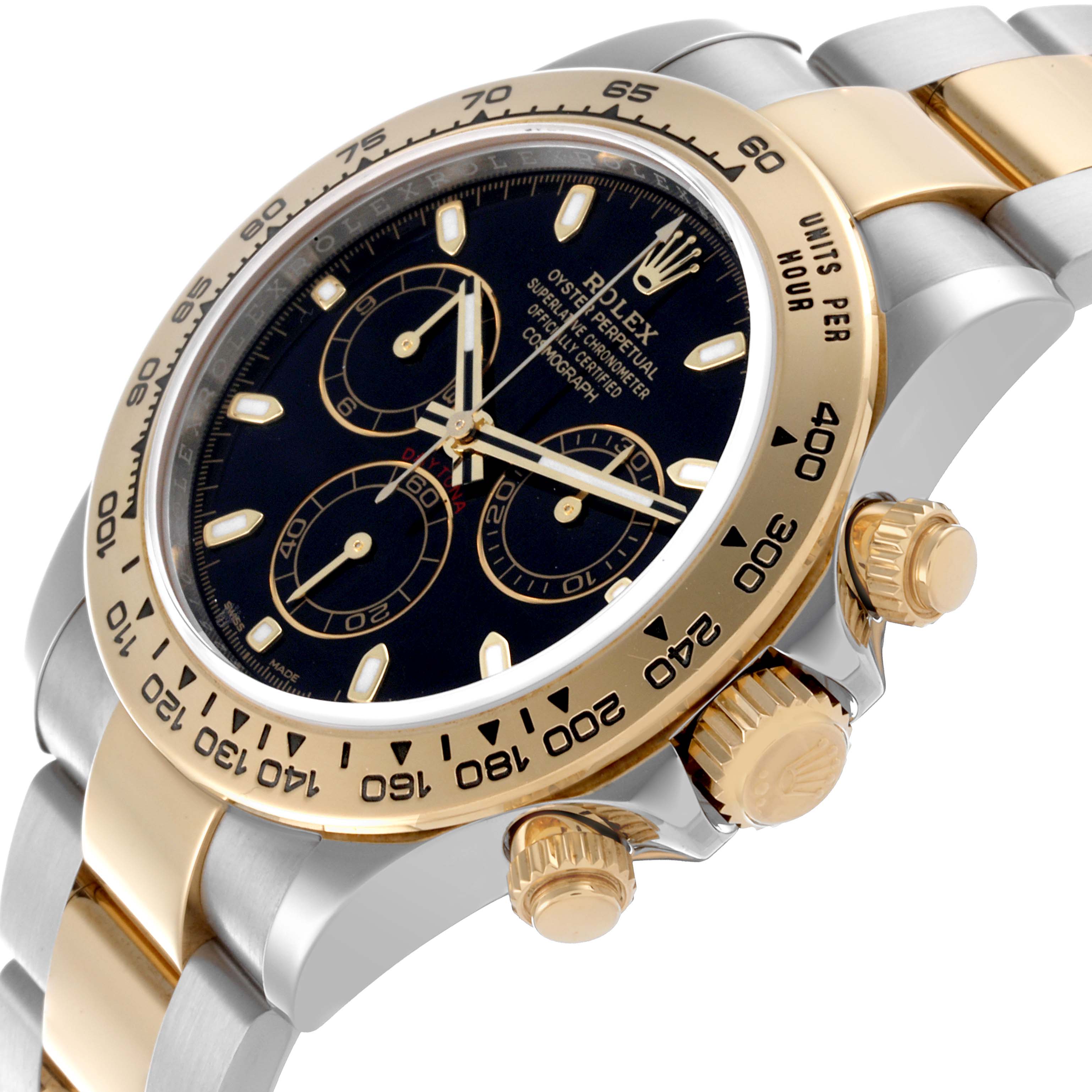 The Rolex Daytona 116503 Men
s Steel and Gold (two tone) Black Dial 116503 Men
s Steel and Gold (two tone) Black Dial watch is shown at an angled side view, highlighting the bezel, dial, and crown.