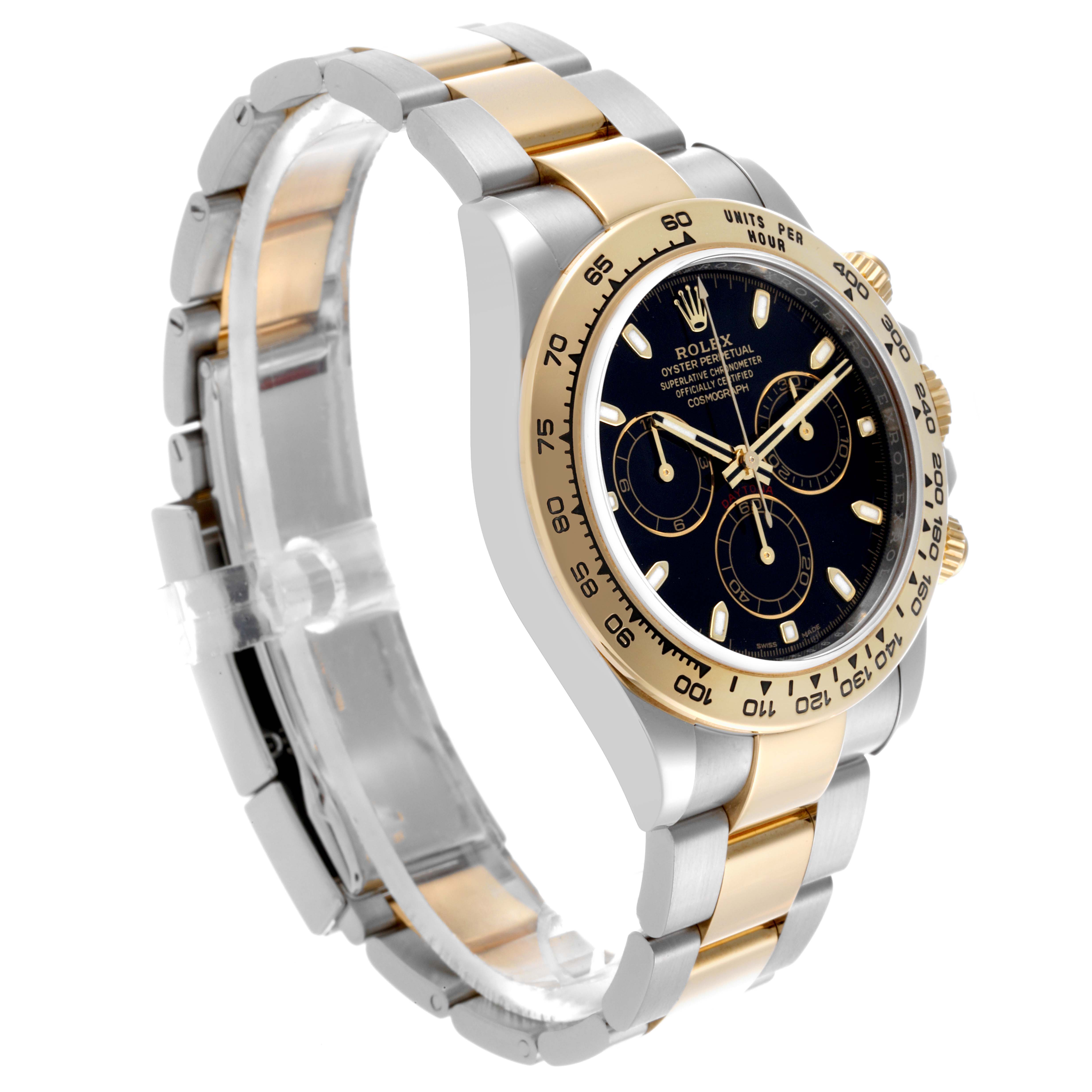 The image shows a Rolex Daytona 116503 Men
s Steel and Gold (two tone) Black Dial 116503 Men
s Steel and Gold (two tone) Black Dial watch angled to display the face, bezel, and bracelet.