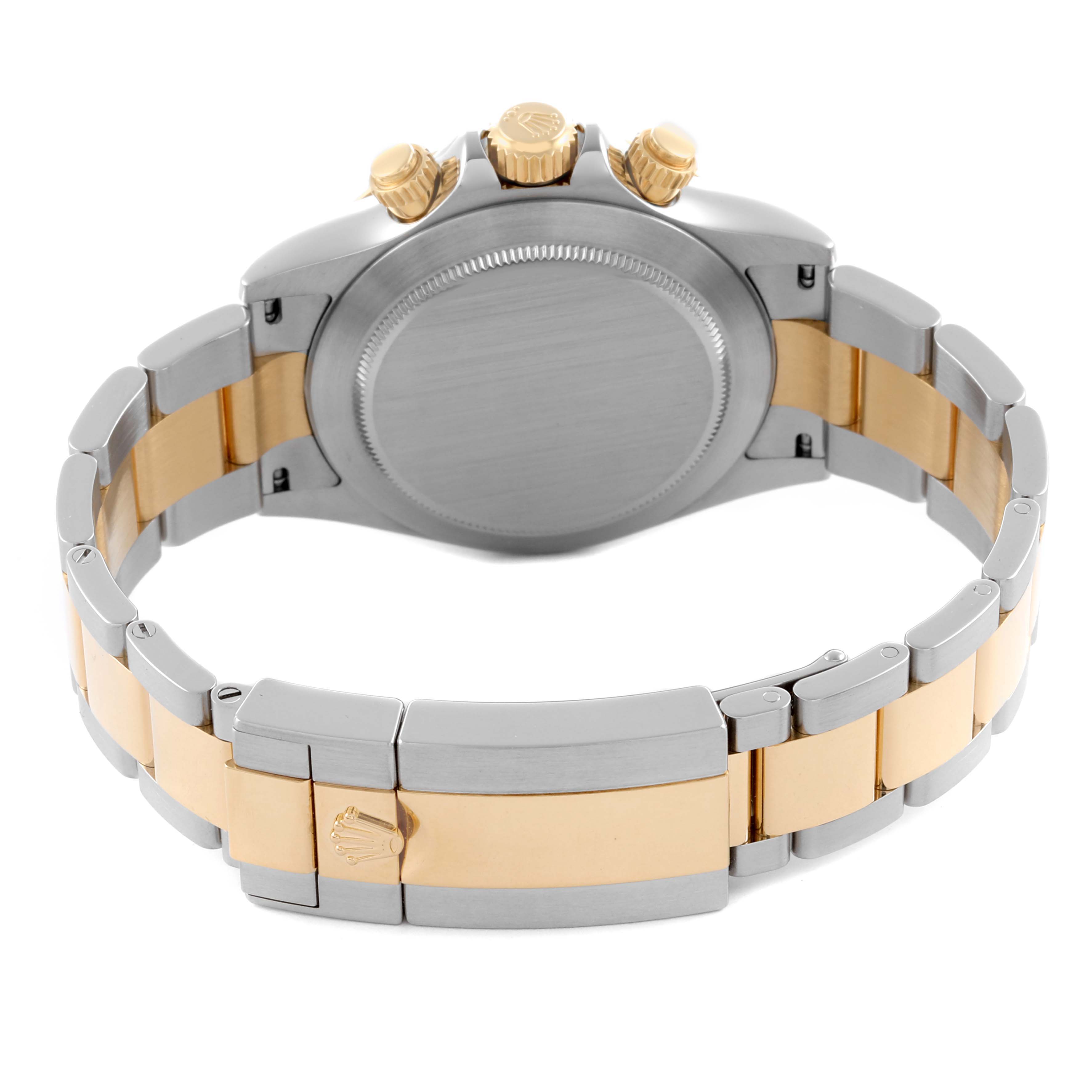 The Rolex Daytona 116503 Men
s Steel and Gold (two tone) Black Dial 116503 Men
s Steel and Gold (two tone) Black Dial watch is shown from the back, featuring its case, crown, and bracelet with gold and silver links.