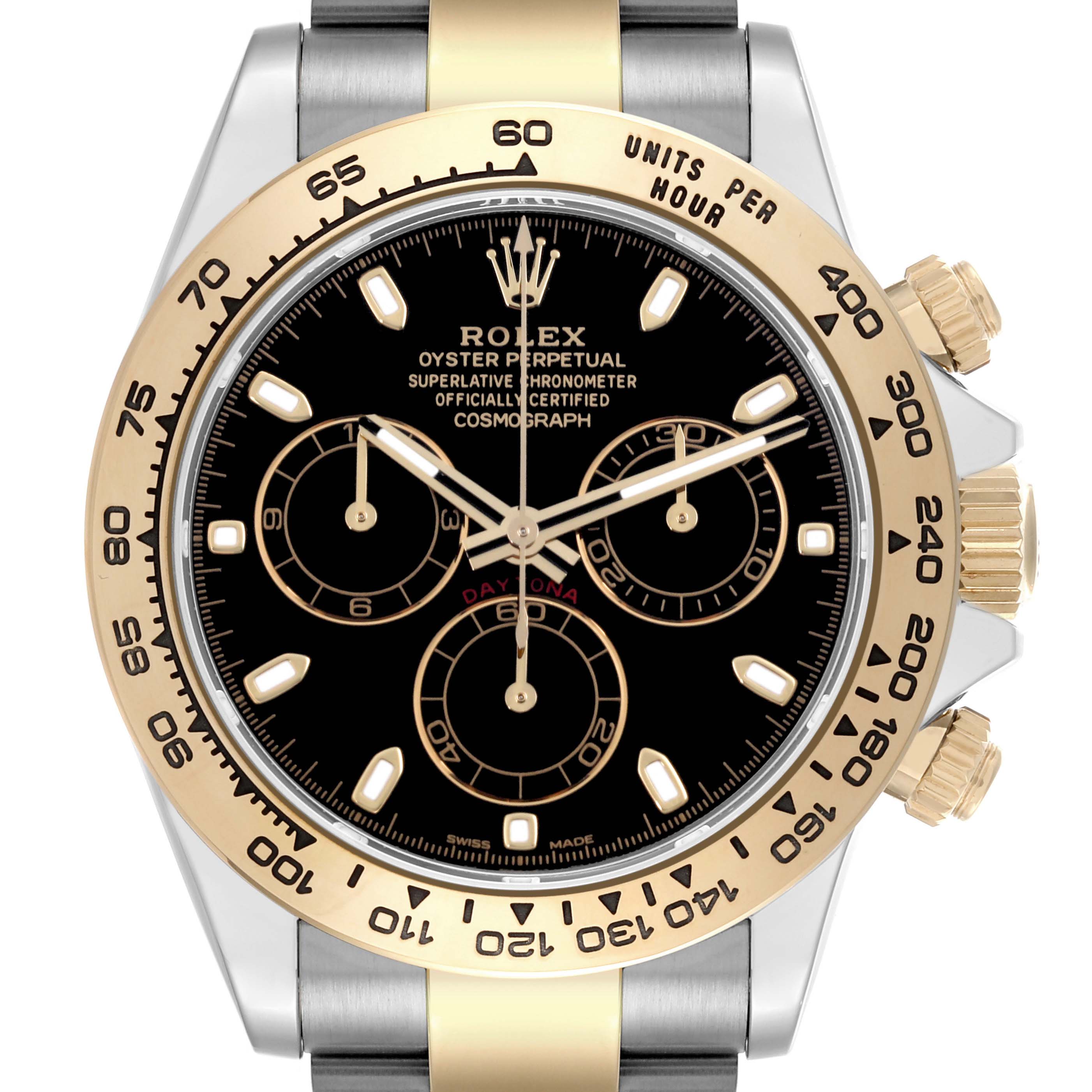 The Rolex Daytona 116503 Men
s Steel and Gold (two tone) Black Dial 116503 Men
s Steel and Gold (two tone) Black Dial watch is shown from the front, displaying its black dial, gold bezel, and chronograph features.