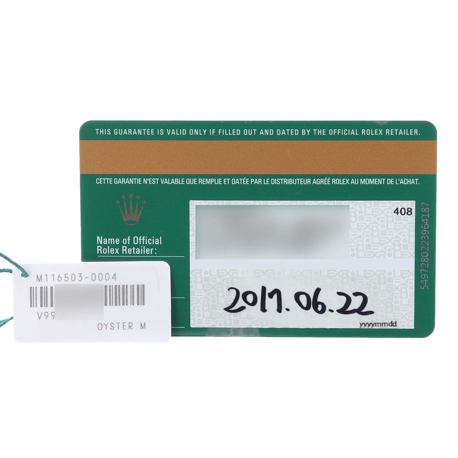 The image shows a warranty card and tag for a Rolex Daytona 116503 Men
s Steel and Gold (two tone) Black Dial 116503 Men
s Steel and Gold (two tone) Black Dial watch, featuring a serial number and purchase date.