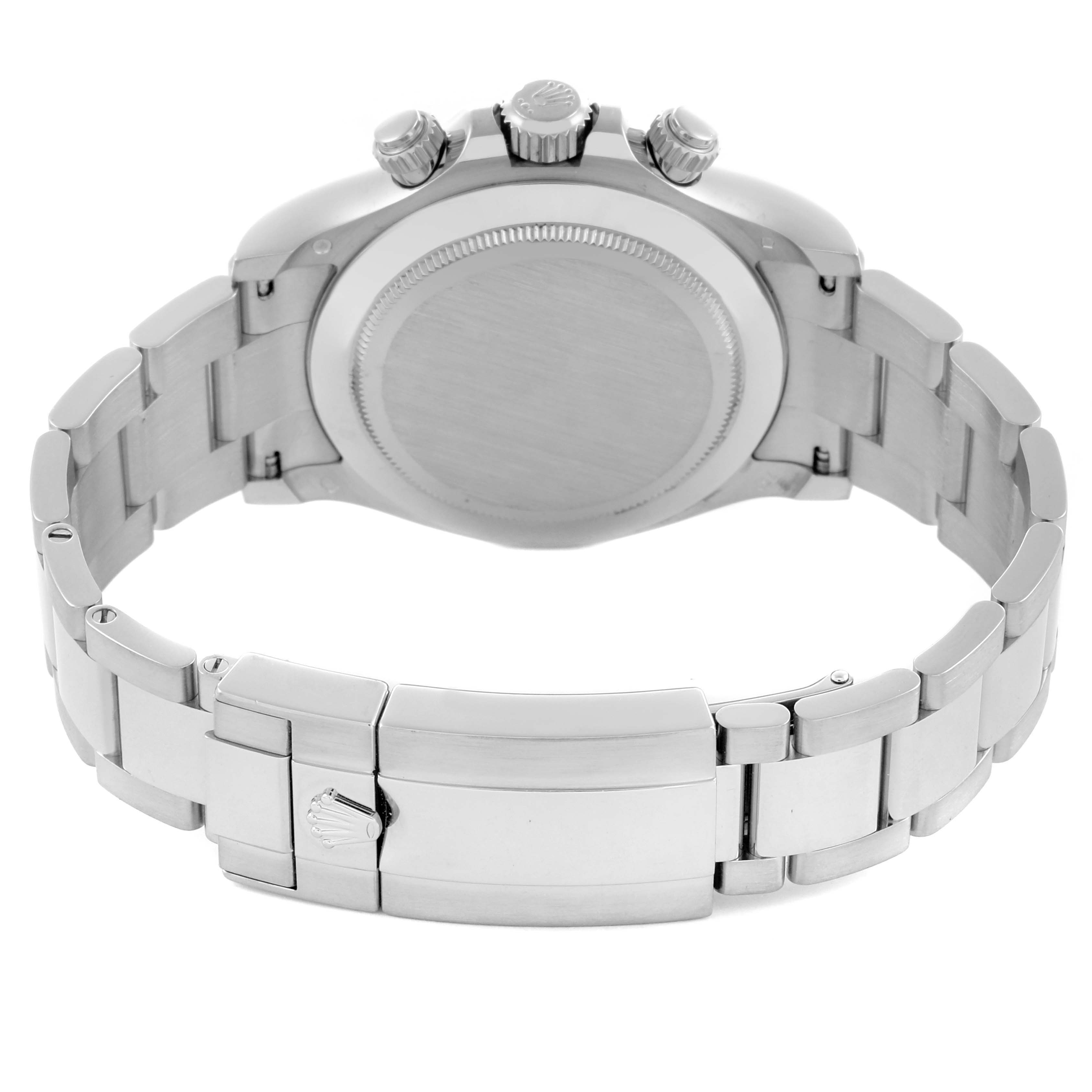 The image shows the back view of a Rolex Daytona 116509 Men
s White Gold Grey Dial 116509 Men
s White Gold Grey Dial watch, highlighting the caseback, bracelet, and clasp.