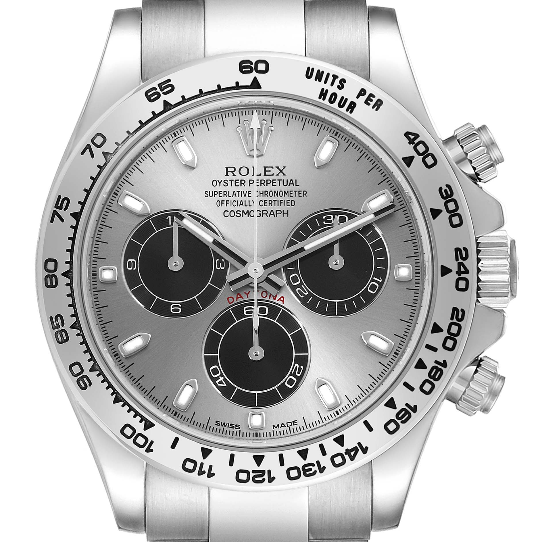 The Rolex Daytona 116509 Men
s White Gold Grey Dial 116509 Men
s White Gold Grey Dial watch is shown from a frontal angle, highlighting the face, bezel, and chronograph sub-dials.
