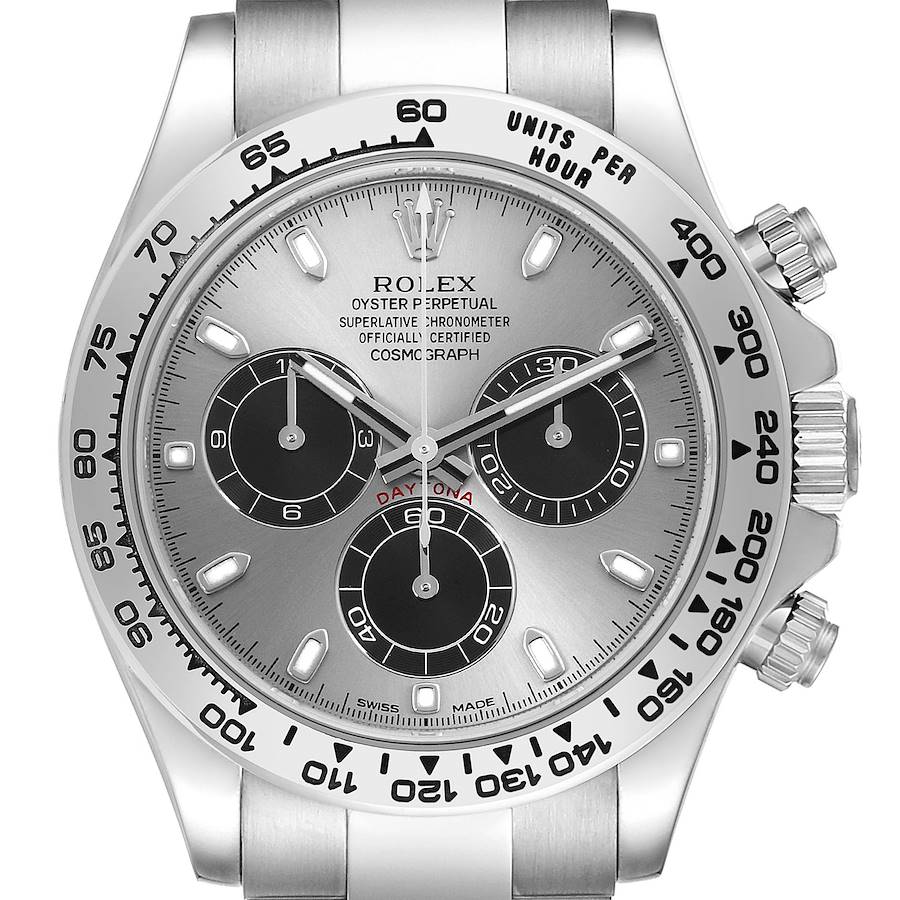 The Rolex Daytona watch is shown from a frontal angle, highlighting the face, bezel, and chronograph sub-dials.