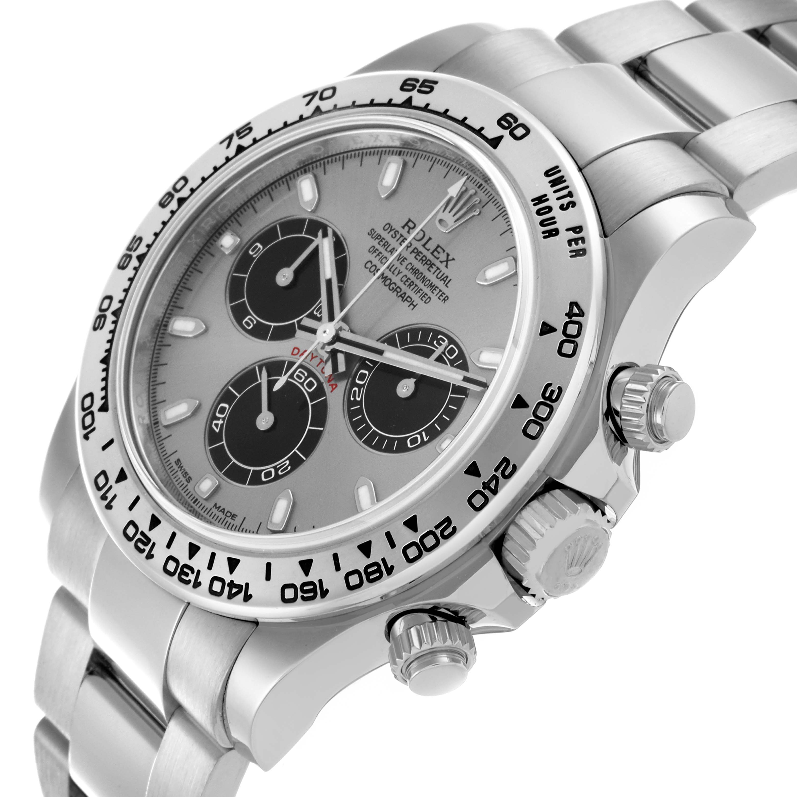 The Rolex Daytona 116509 Men
s White Gold Grey Dial 116509 Men
s White Gold Grey Dial watch is shown from a side angle, highlighting the bezel, dial, crown, and part of the bracelet.