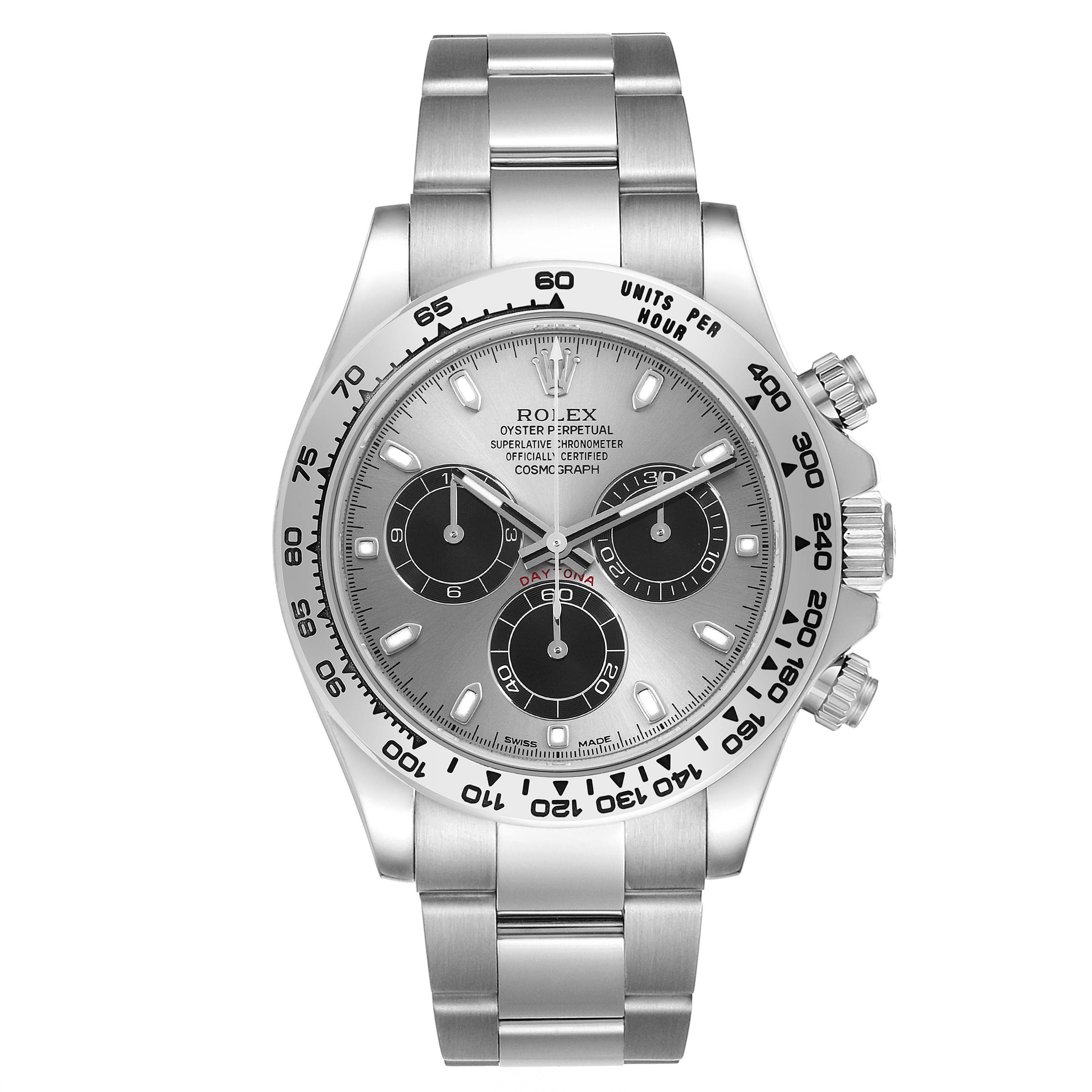 The Rolex Daytona 116509 Men
s White Gold Grey Dial 116509 Men
s White Gold Grey Dial watch is shown from a front angle, highlighting its bezel, dial, chronograph sub-dials, and bracelet.